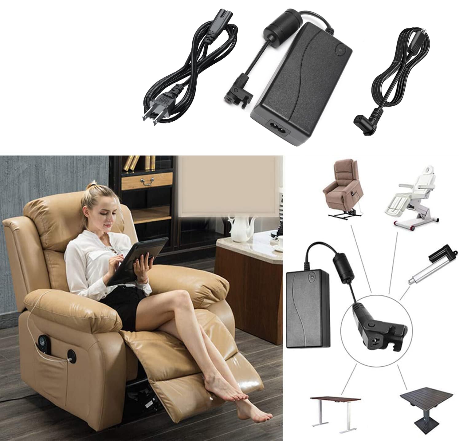 Cable de alimentación universal para silla reclinable, 2 pines, 29 V, 2 A, fuente de alimentación con anillo magnético, cable de extensión compatible con la mayoría de modelos para reclinables, sillas