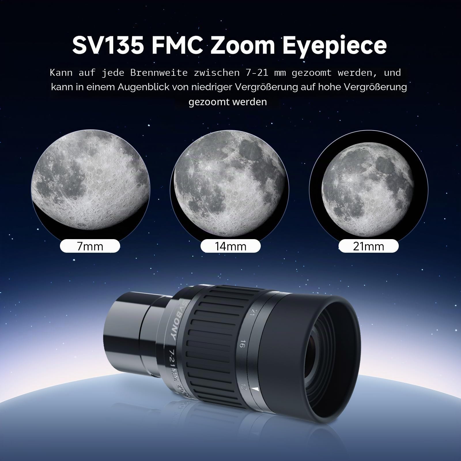 Svbony SV135 Teleskop Okulare Zoom, 1,25'' 7-21mm Teleskop Okular, 57~40° Sichtfeld FMC-Beschichtung, mit SV188P Zenitspiegel für Planet Moon Nebel und Cluster Astronomische Visuelle Beobachtung