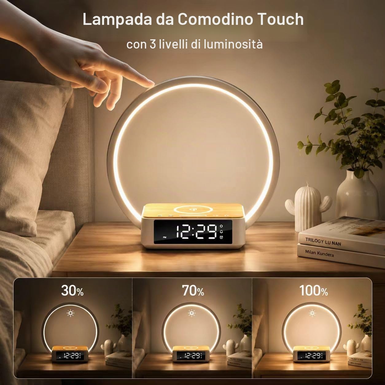 Lampada da comodino con Caricabatterie Wireless veloce,10 W Lampada da Tavolo a Led con Touch dimmerabile Sveglia, orologi con 3 Livelli Di Luminosità per camera da letto/studio