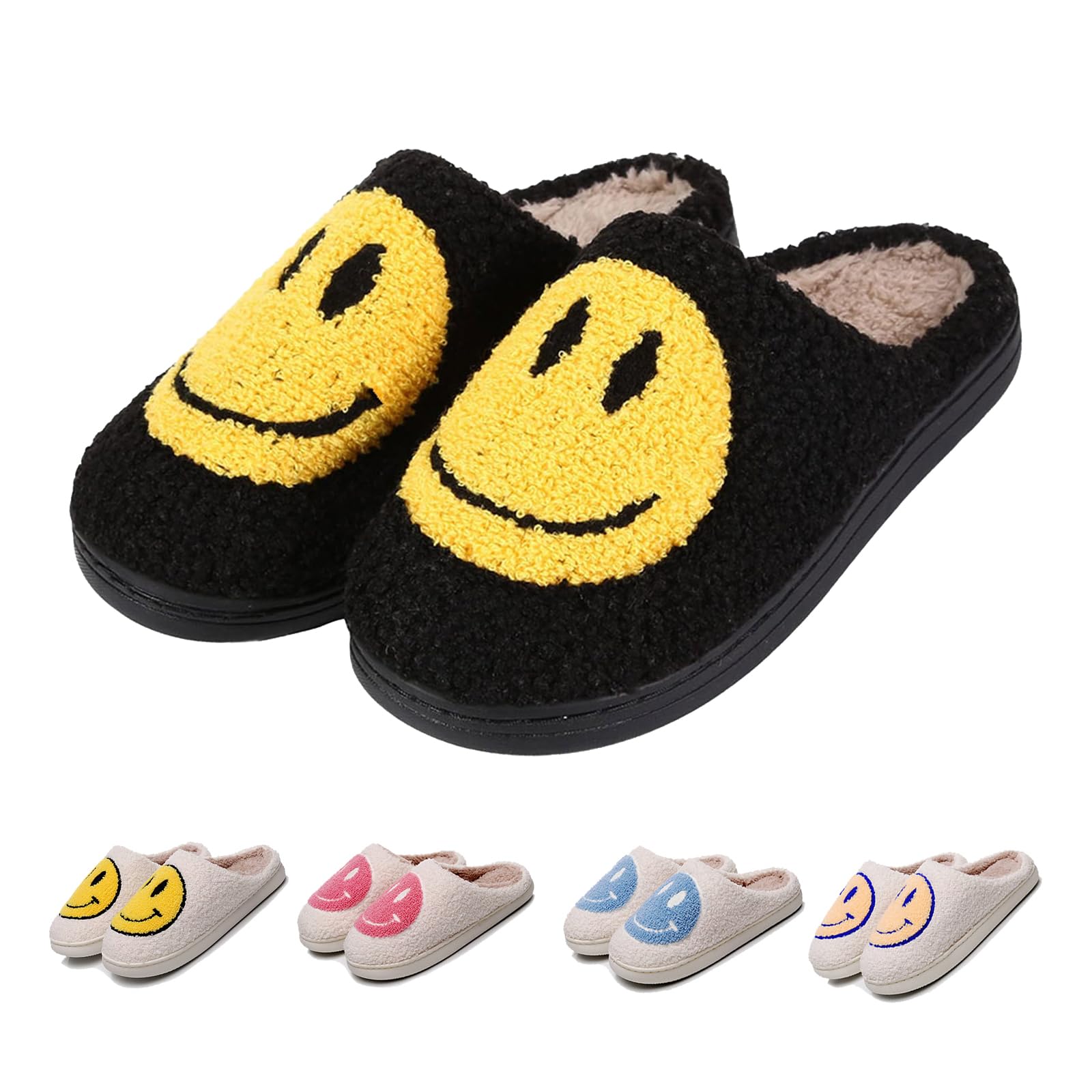 FACAXEDRESmile Face Slippers for Women - Indoor Outdoor Retro Happy House Slides, Soft Fluffy Cushion Furry Shoes