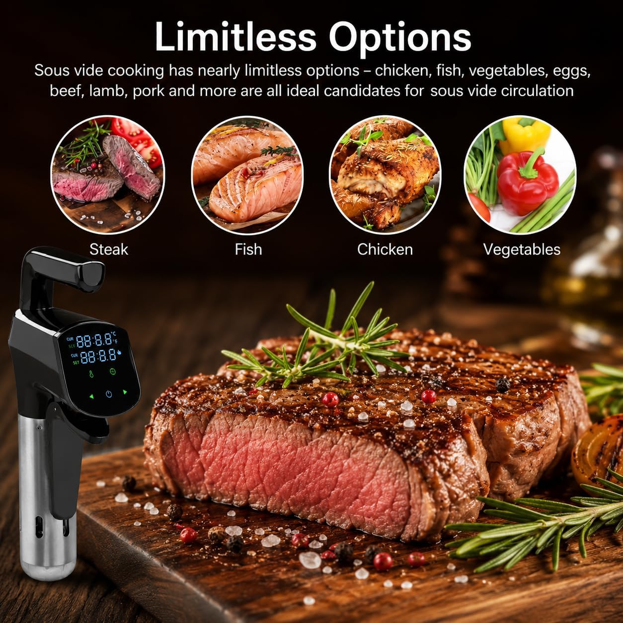 Cocina Sous Vide de 1800 W, baño de agua de precisión WiFi con pantalla LCD, control de temperatura de 25 a 95 °C para filetes, pollo, pescado y más