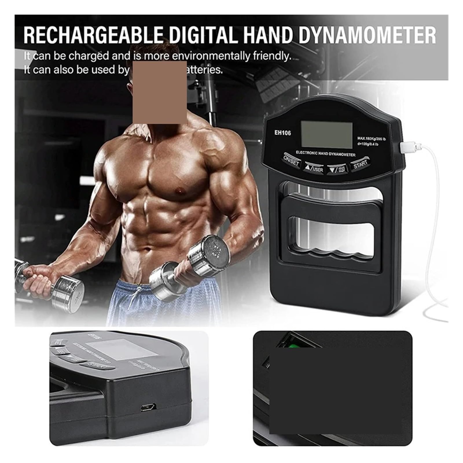 Dinamometro digitale, Misuratore di forza presa, dinamometro digitale for mano da 180 kg, misuratore con schermo LCD USB,Unità Di Misura Portatili