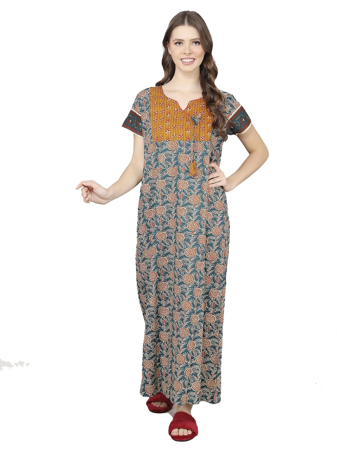 evolove Cotton Nighty Maxi for Women with Side Pocket | Printed Short Sleeves Full Length Night Wear Gown-picture-41