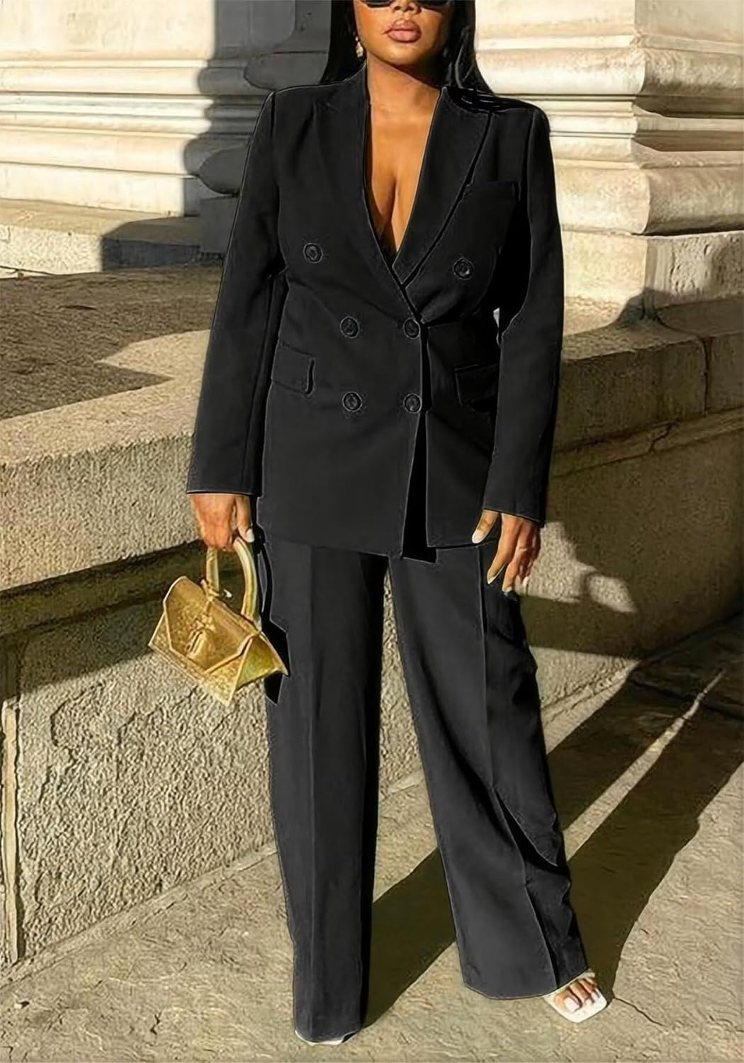 LROSEY 2 Piece Outfits for Women Dressy Double Breasted Blazer Jackets High Waisted Wide Leg Pants Suits Set Casual Business - Image 4