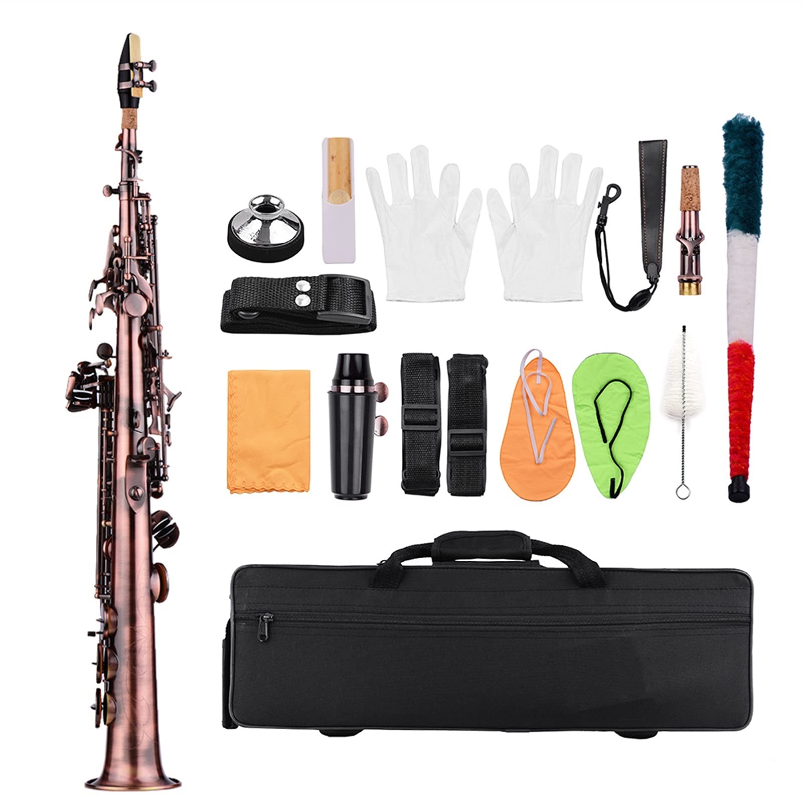 Sax Principianti Kit Professionale Bronzo Dritto Sassofono in SIB Sassofono Sax Strumento a fiato Modello Intagliato con Custodia Guanti Cinturini in Tessuto Pennello Strumento a fiato
