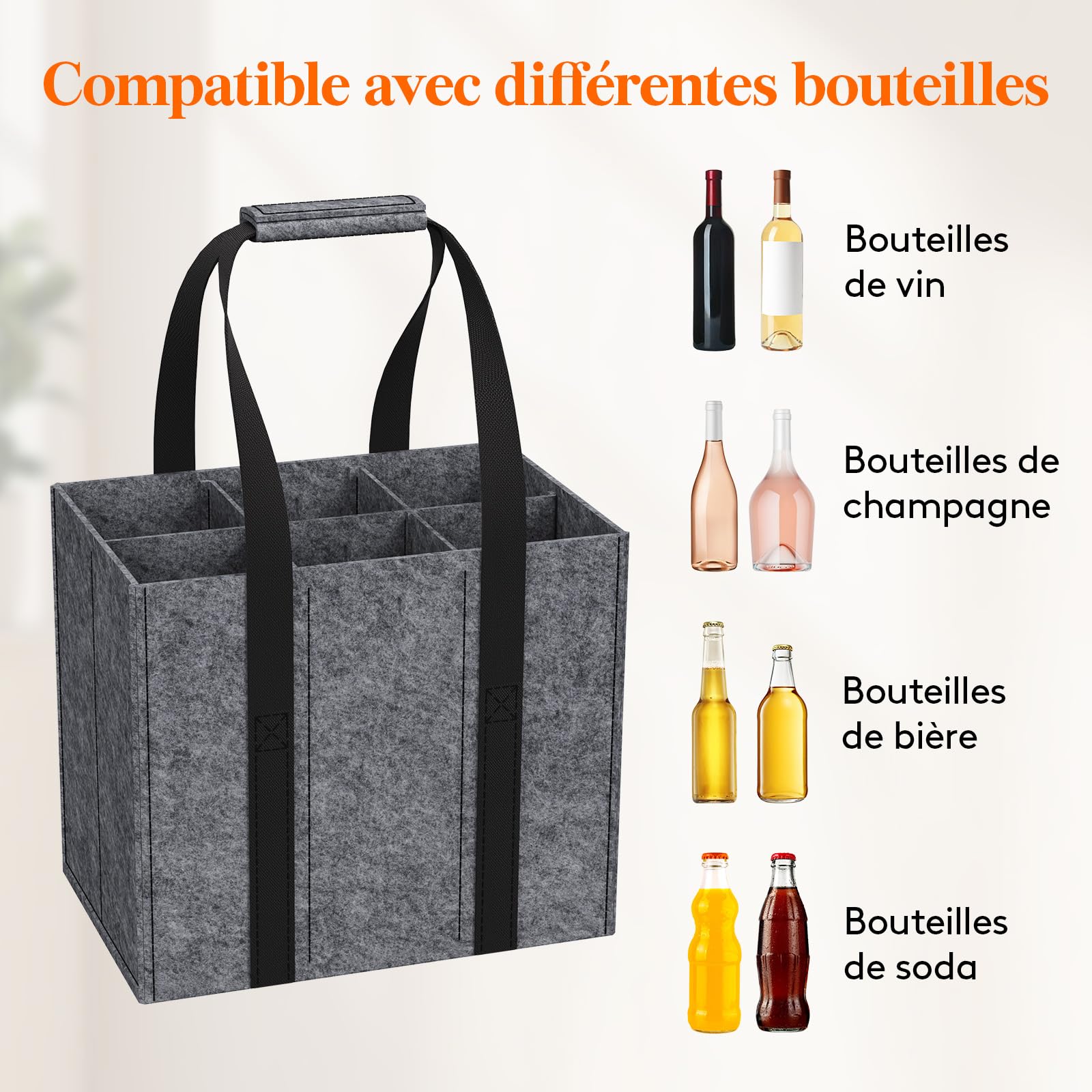 Lifewit Sac Bouteille en Feutre Robuste, Porte Bouteille pour 6 Bouteilles de 1,5 L, 30 x 20 x 26 cm
