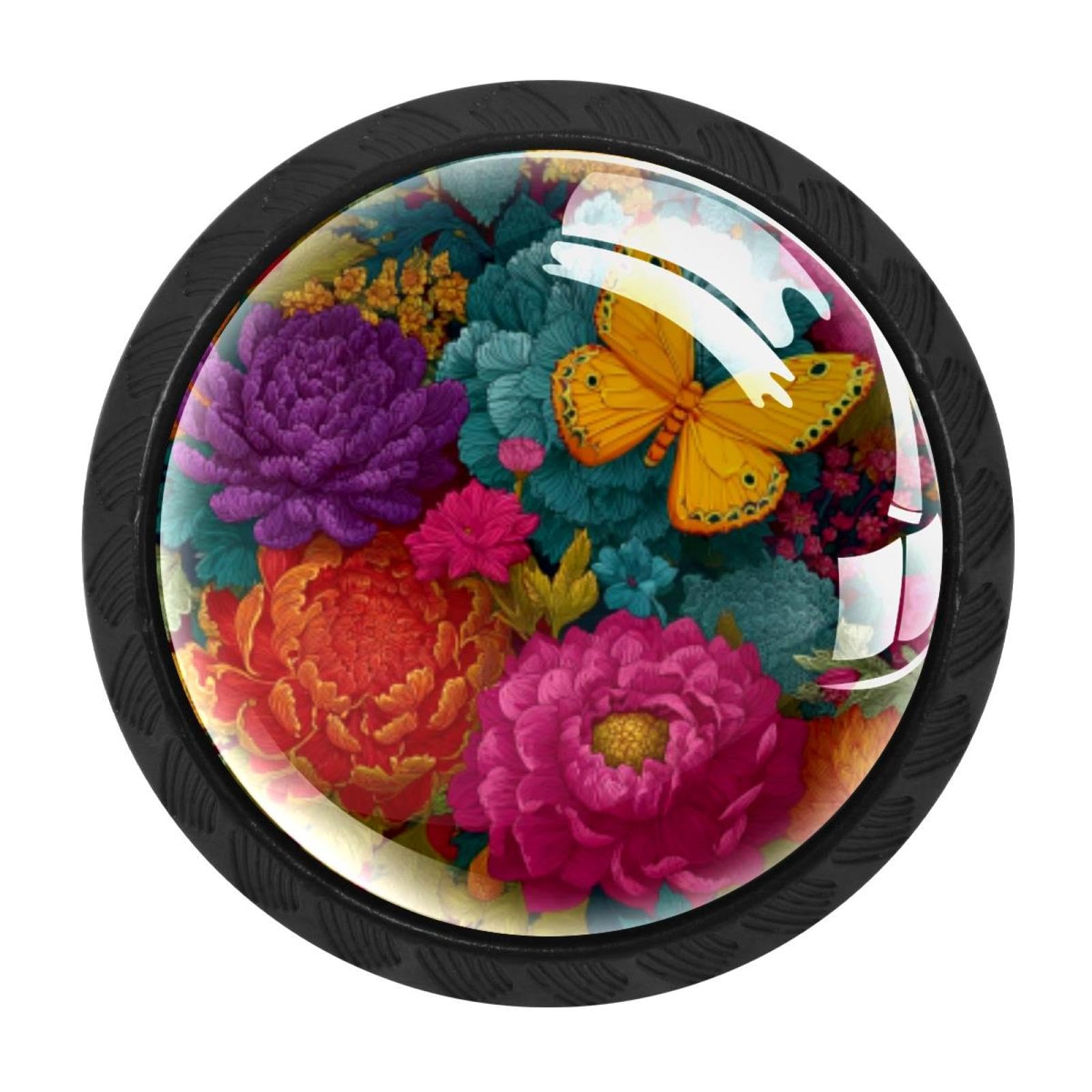 Chenzzzz Multicolored 05 4 Pack Black Cabinet Pulls Floral Background With Butterfly (2) Kitchen Cabinet Handles For Bathroom Drawer Pulls Dresser Knobs