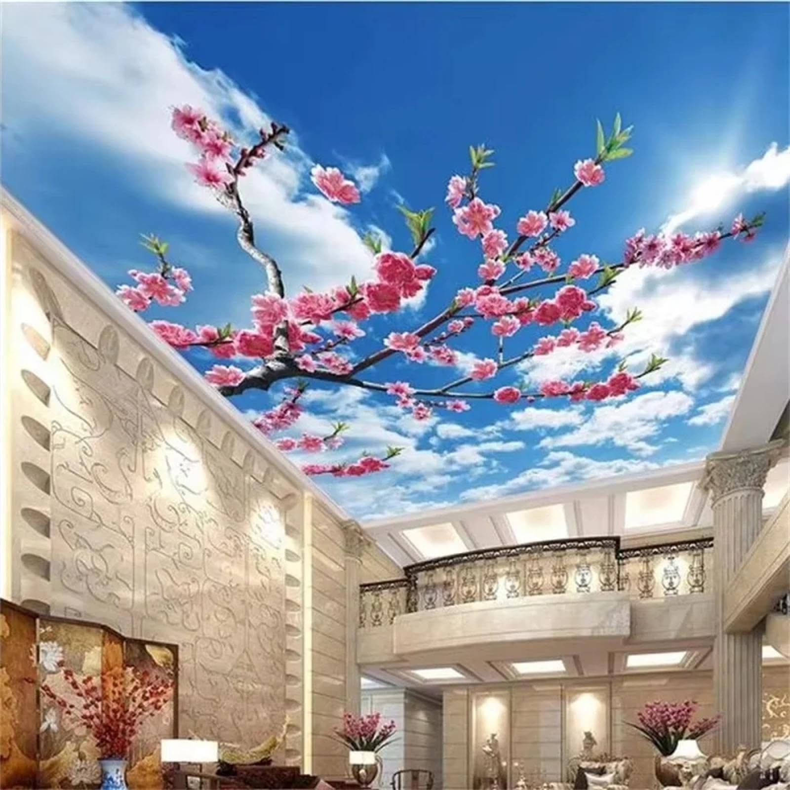 Papier peint mural 3D ciel bleu nuages blancs fleurs cerisier salon
