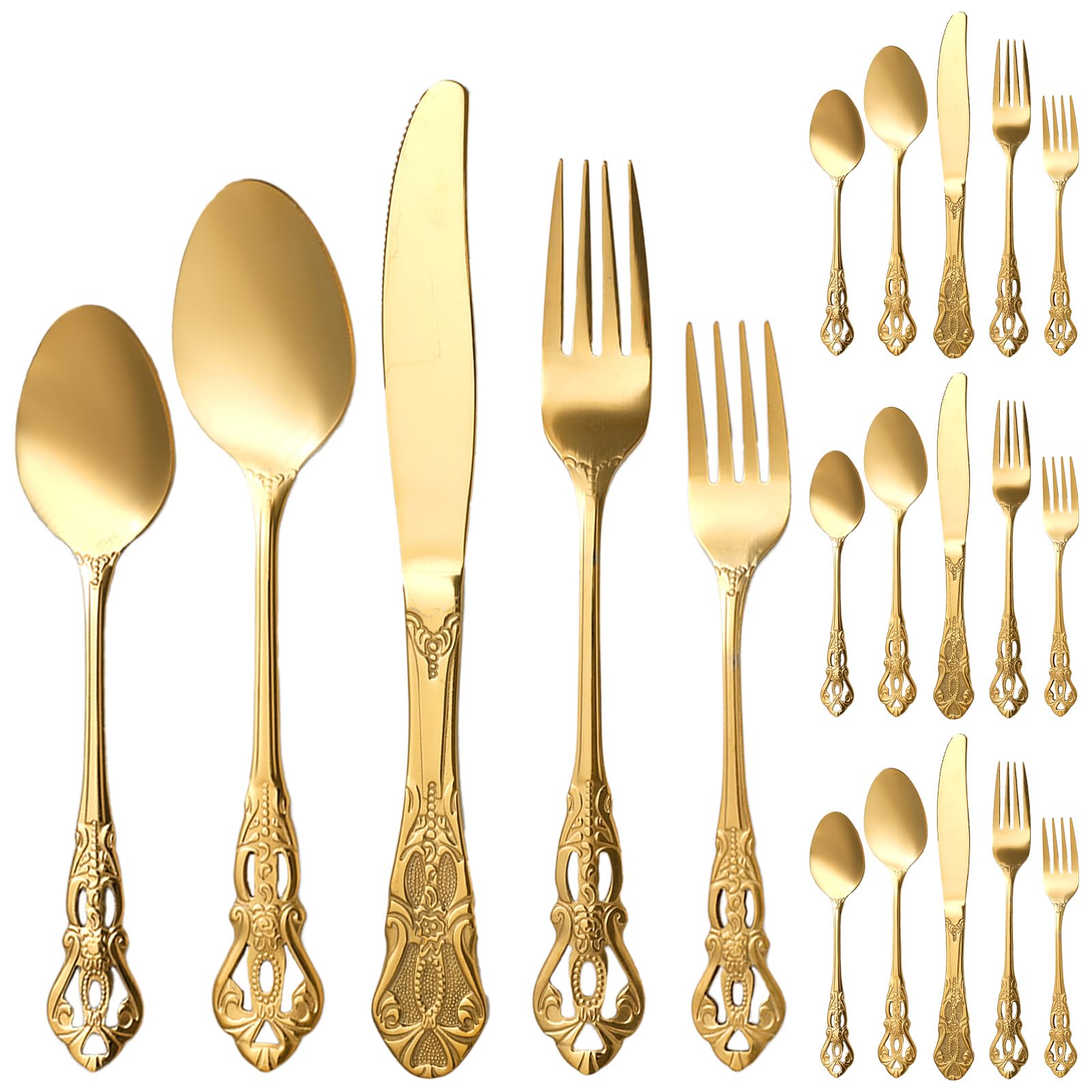 20 Pcs Stainless Steel Gold Cutlery Set for 4, Vintage Embossed Flatware Set with Hollowed-Out Handle, Stainless Steel Royal Cutlery Set, Matte Gold Tableware for Wedding Party, Dishwasher Safe