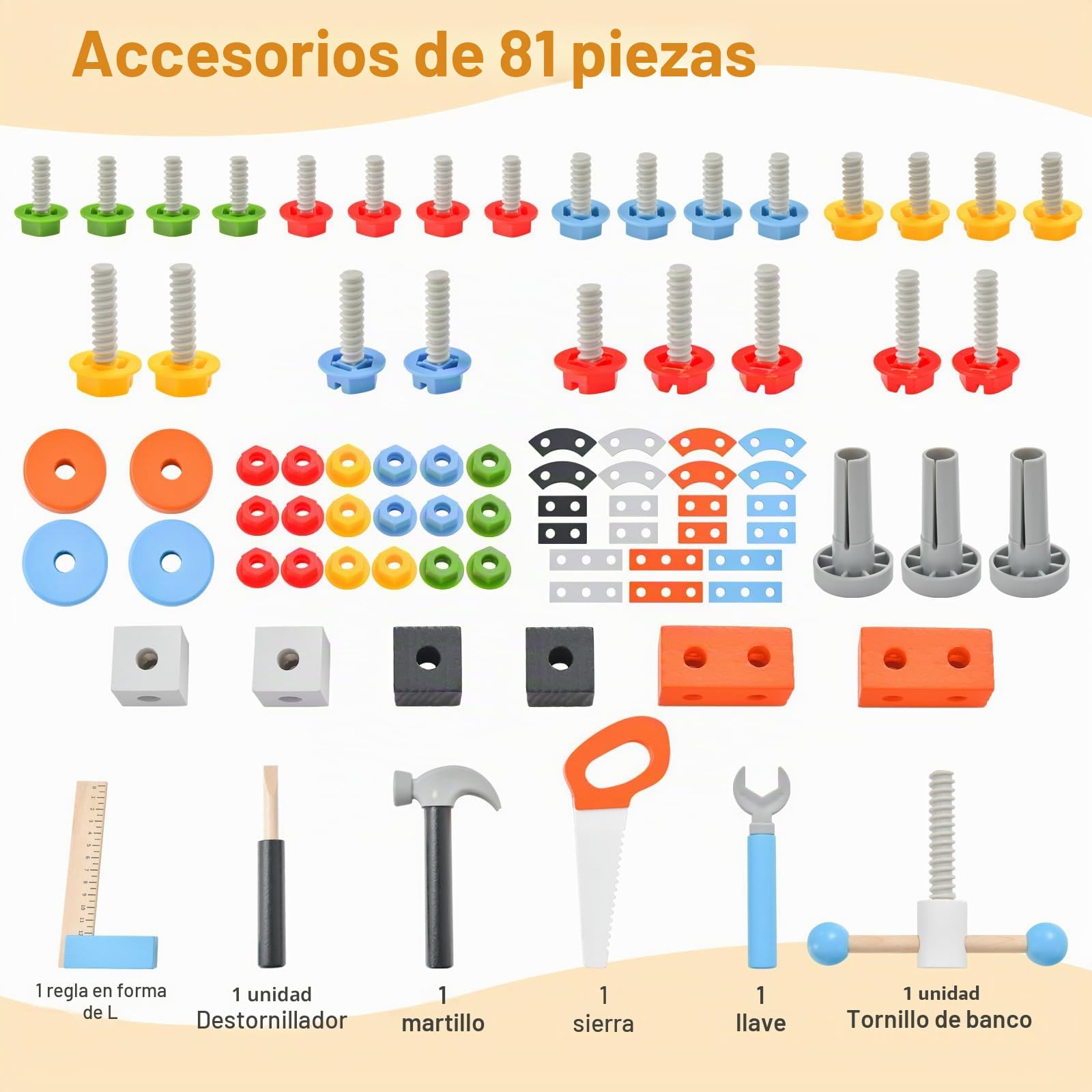 RELAX4LIFE Banco de trabajo para niños, banco de herramientas de madera con pizarra, 6 herramientas y 75 accesorios para juguetes, mini-trabajadores, niños 3+ años