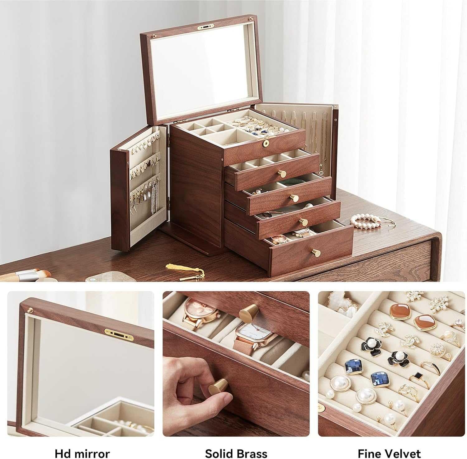 Drewniane pudełko na biżuterię z zamkiem dla kobiet, organizer w stylu vintage z lustrem, przechowywanie naszyjników, pierścionków i biżuterii, bezpieczny i elegancki design