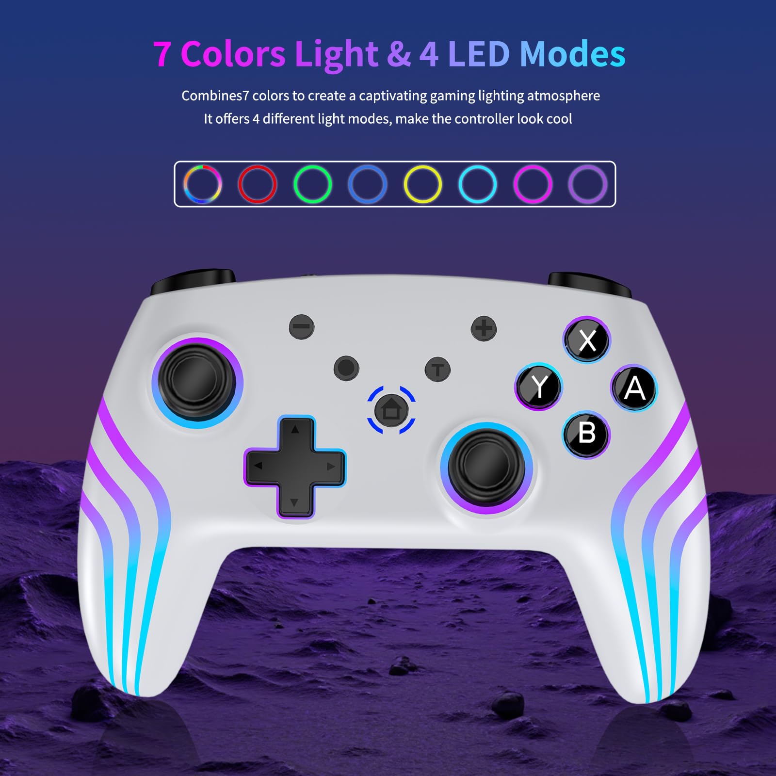 Riscvma 2pcs Controller per Switch/Switch 2/Lite/OLED/PC, Controller per Nintendo Switch con RGB 7 Colori Cambiabili/Vibrazione Duale/Giroscopio 6 Assi/Turbo, Ergonomico e Joystick, Nero+Bianco