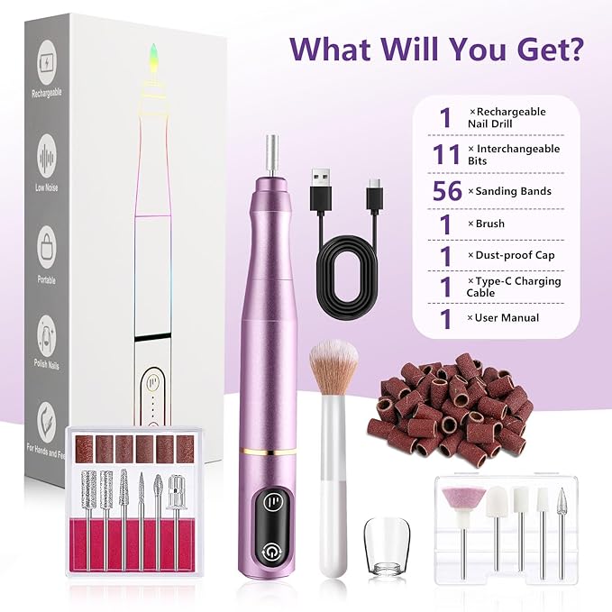TUOBEO Taladro de Uñas Inalámbrico Recargable, Kit de Manicura y Pedicura, 11 Brocas, 56 Bandas, Púrpura miniatura 8