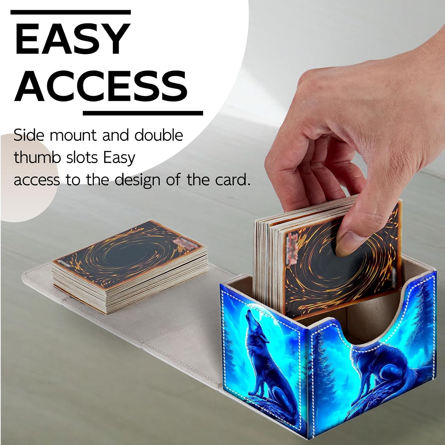 Trading Card Storage Box, Premium PU Leather with Magnetic Closure, Holds 100+ for MTG Cards, Wolf Howling at Blue Moon Durable Deck Box for Magic the Gathering, Trading Card Games