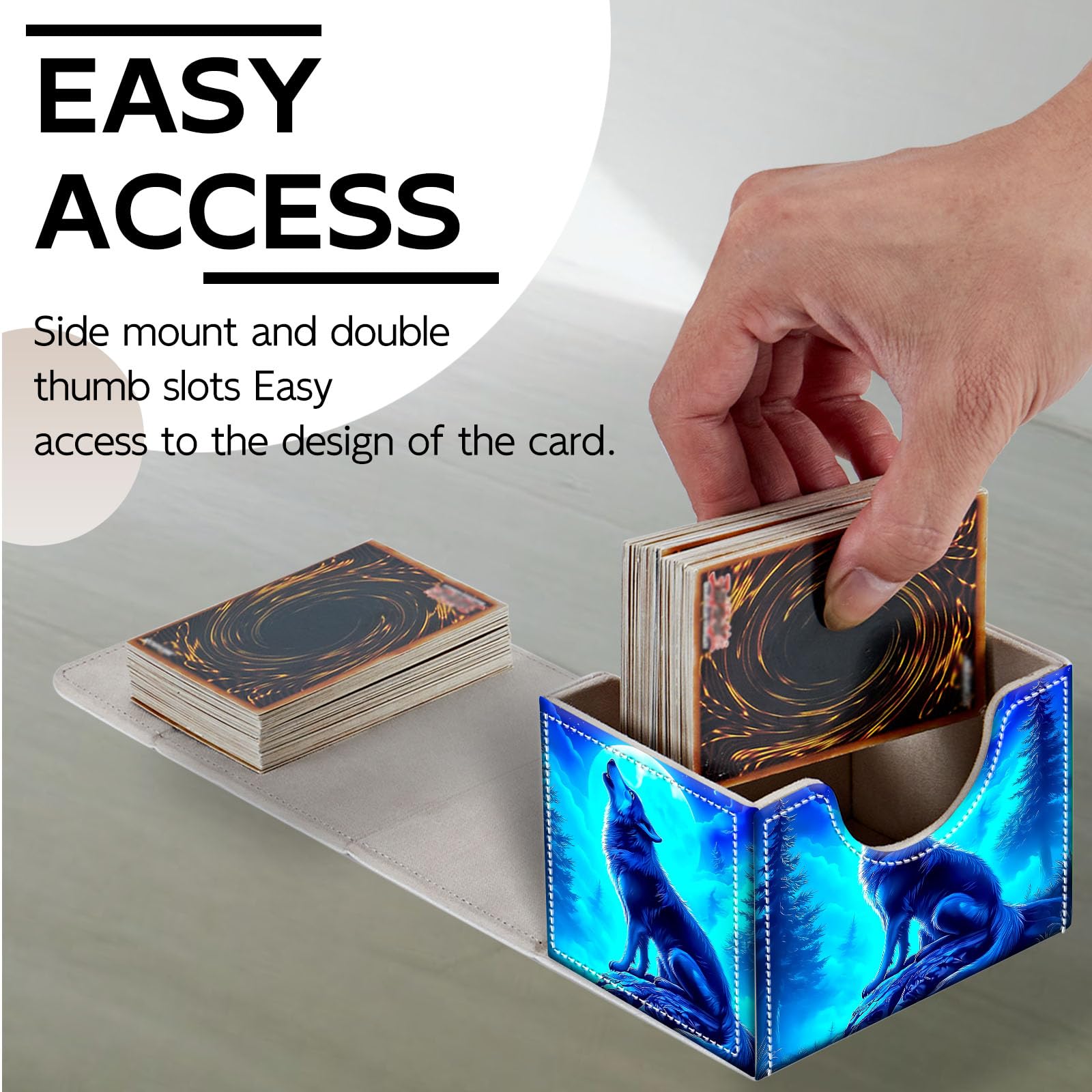 Caja de almacenamiento de tarjetas intercambiables, piel sintética de alta calidad con cierre magnético, capacidad para más de 100 tarjetas MTG, lobo aullando a Blue Moon, caja duradera
