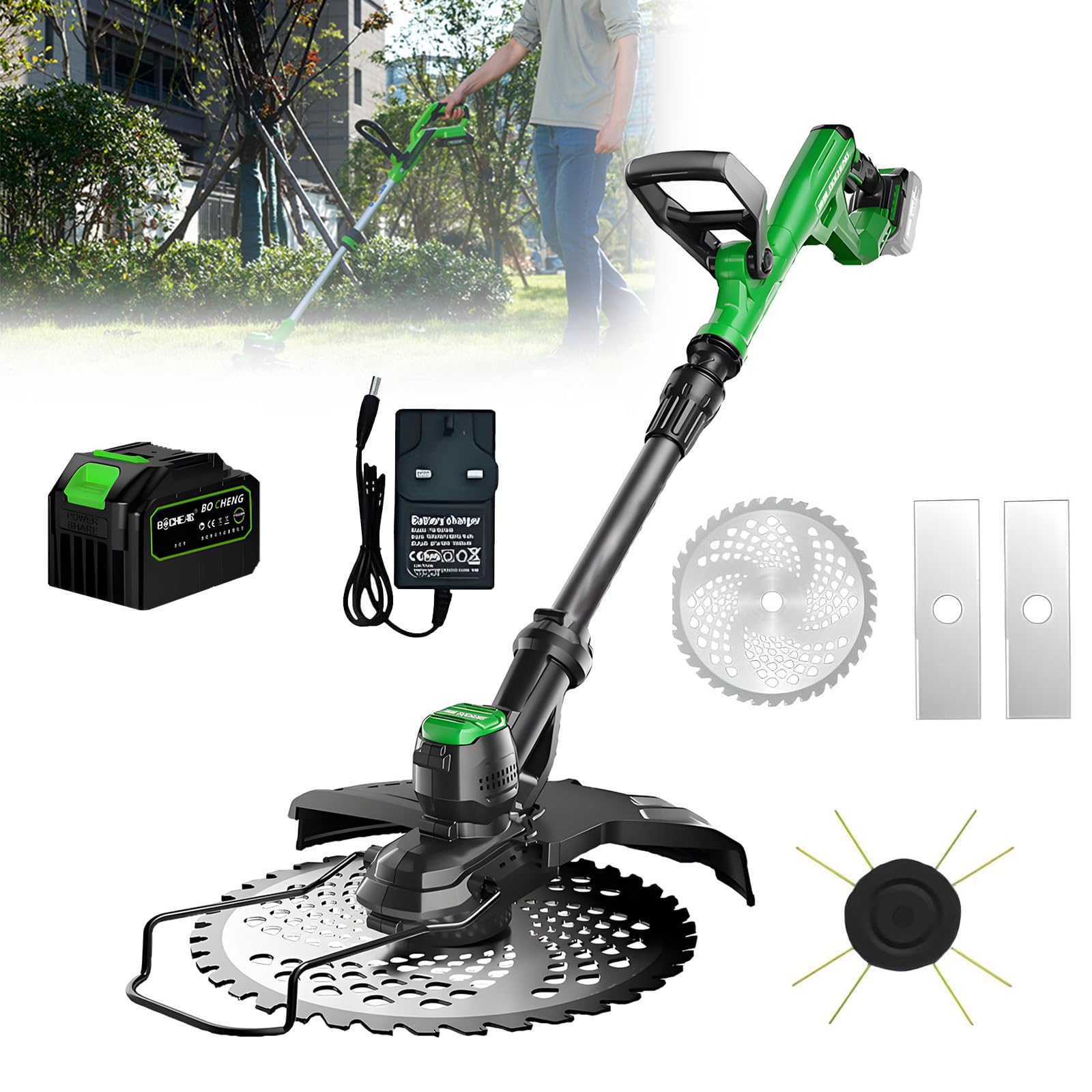 Decespugliatore Elettrico con Lame, Asta Telescopica, Tagliaerba per Uso Domestico, Tagliaerba Elettrico 3 in 1, Batteria Senza Spazzole, Tagliabordi Senza Spazzole 1batterie