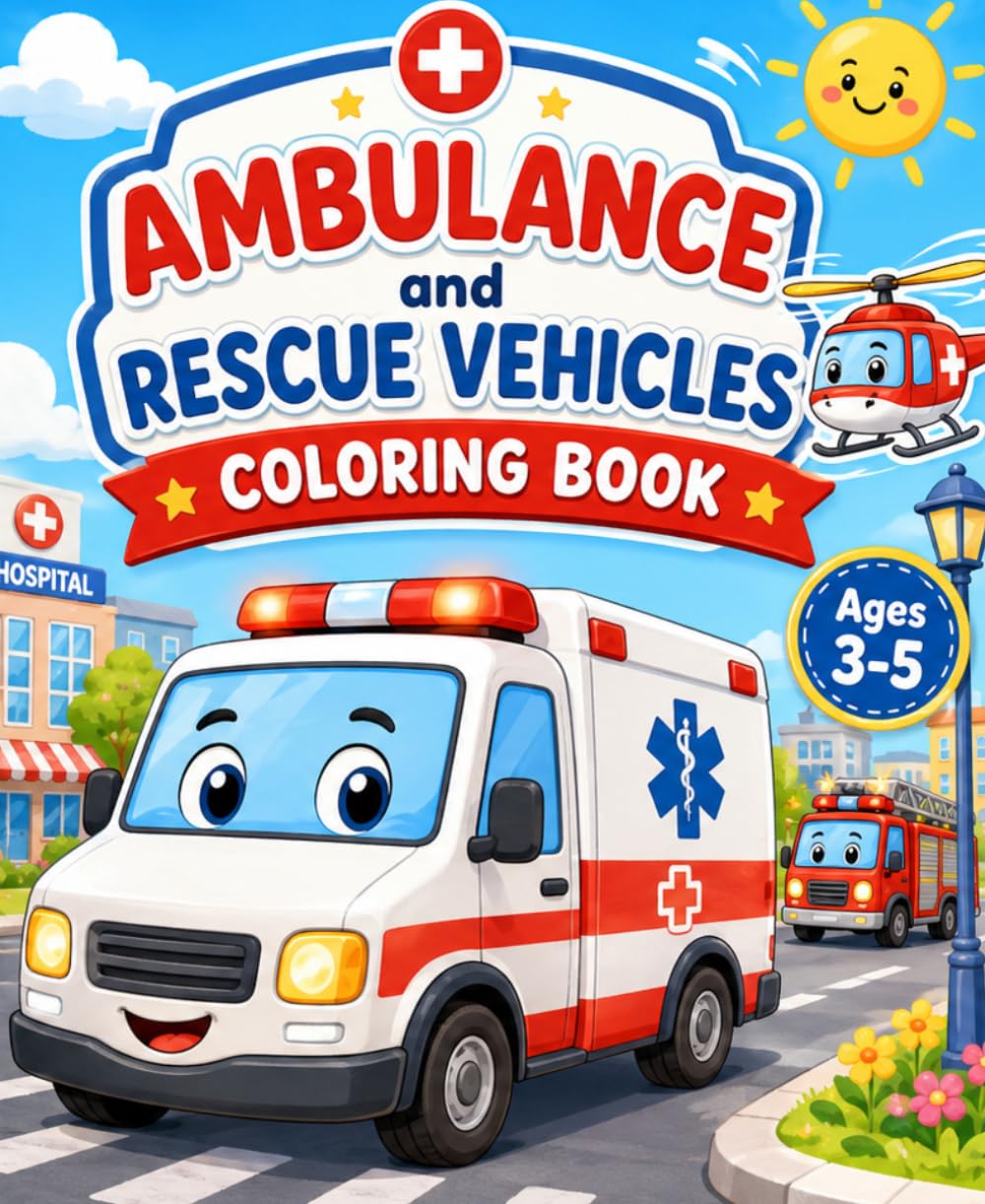 Ambulance and Rescue Vehicles Coloring Book for Kids Ages 2-4: Fun and Simple Ambulance, Rescue Helicopter and Rescue Boat Coloring Pages for Toddlers