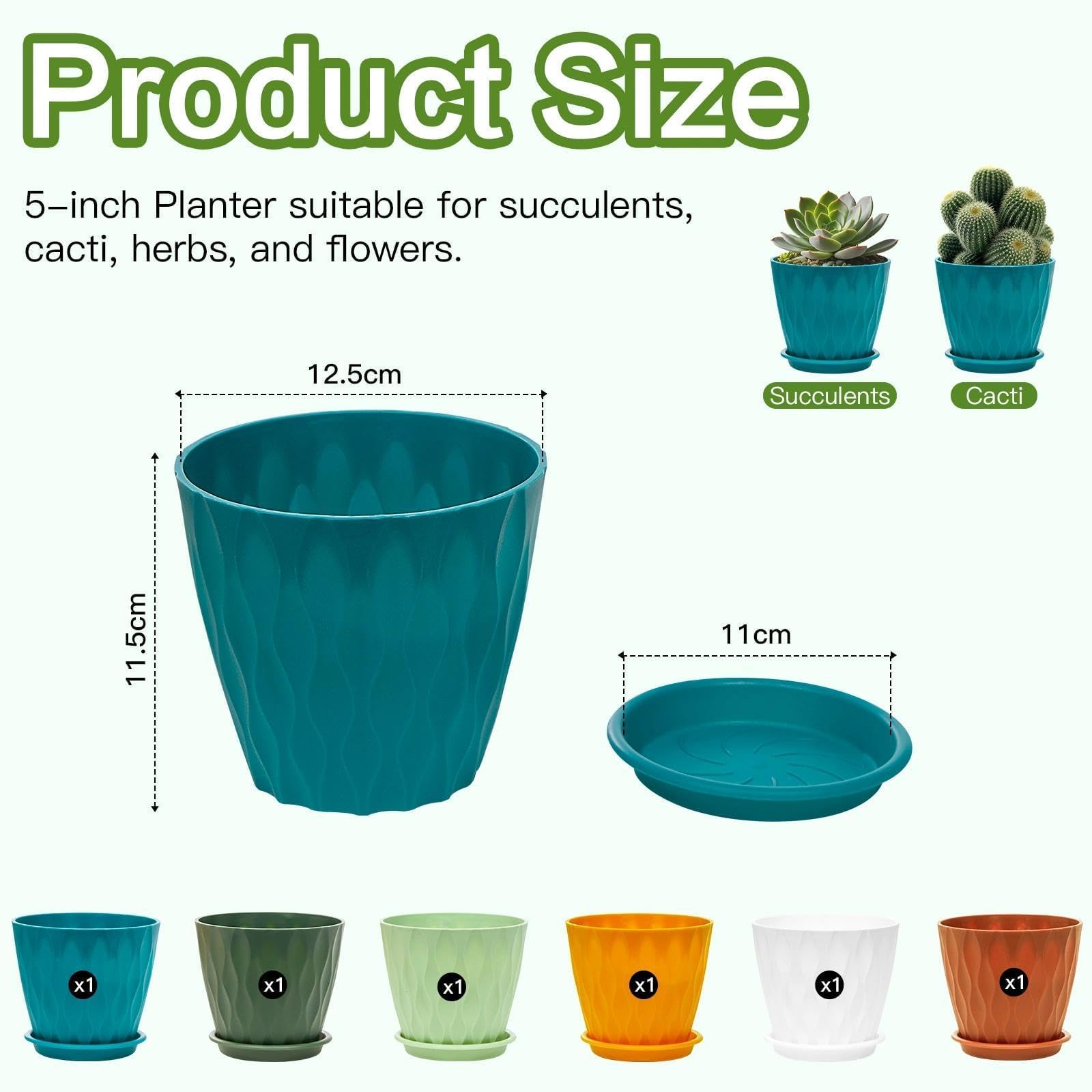 6 Piezas Macetas de Plástico para Plantas, 12.5CM Maceteros Tiestos para Plantas Interior con Orificio de Drenaje y Bandeja para Plantas Flores Hierbas Suculentas Cactus Macetas Pequeñas — view 3