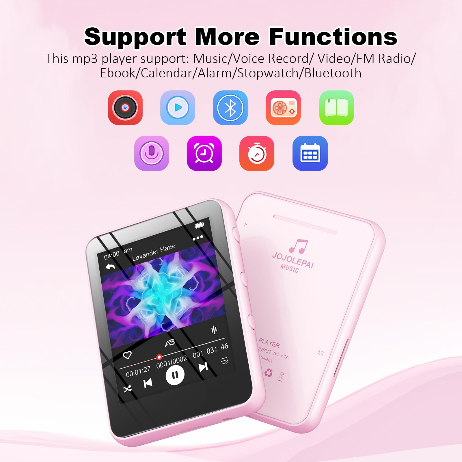 Reproductor de música MP3 con Bluetooth, almacenamiento de 32 GB, pantalla táctil completa, altavoz integrado, radio FM y grabadora de voz, ranura MicroSD (ampliable a 128 GB), incluye auriculares