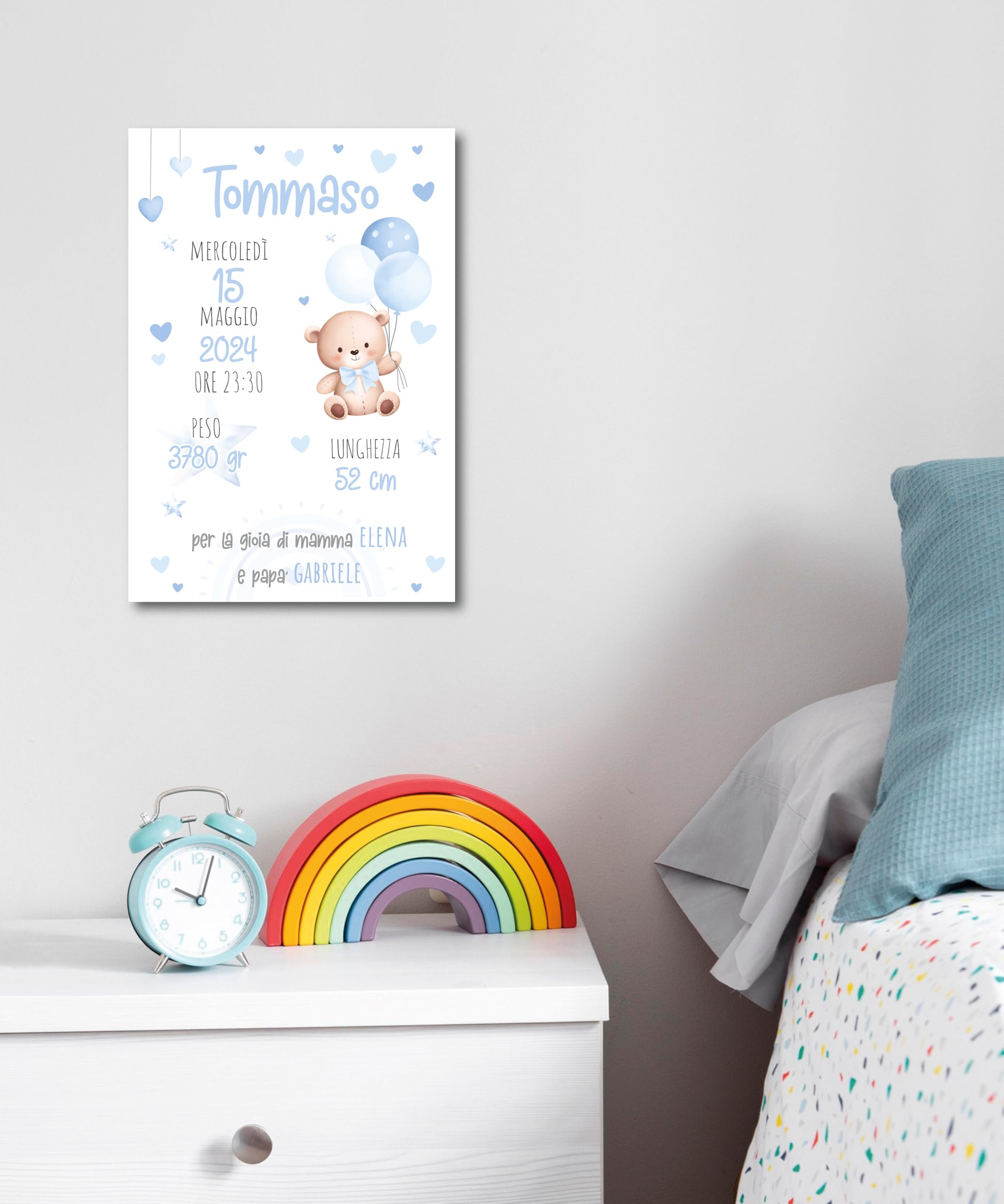Generico Quadro personalizzato nascita, tre modelli, tre colori, idea regalo per nascit, arredo cameretta decorazione 20x30cm (AZZURRO)