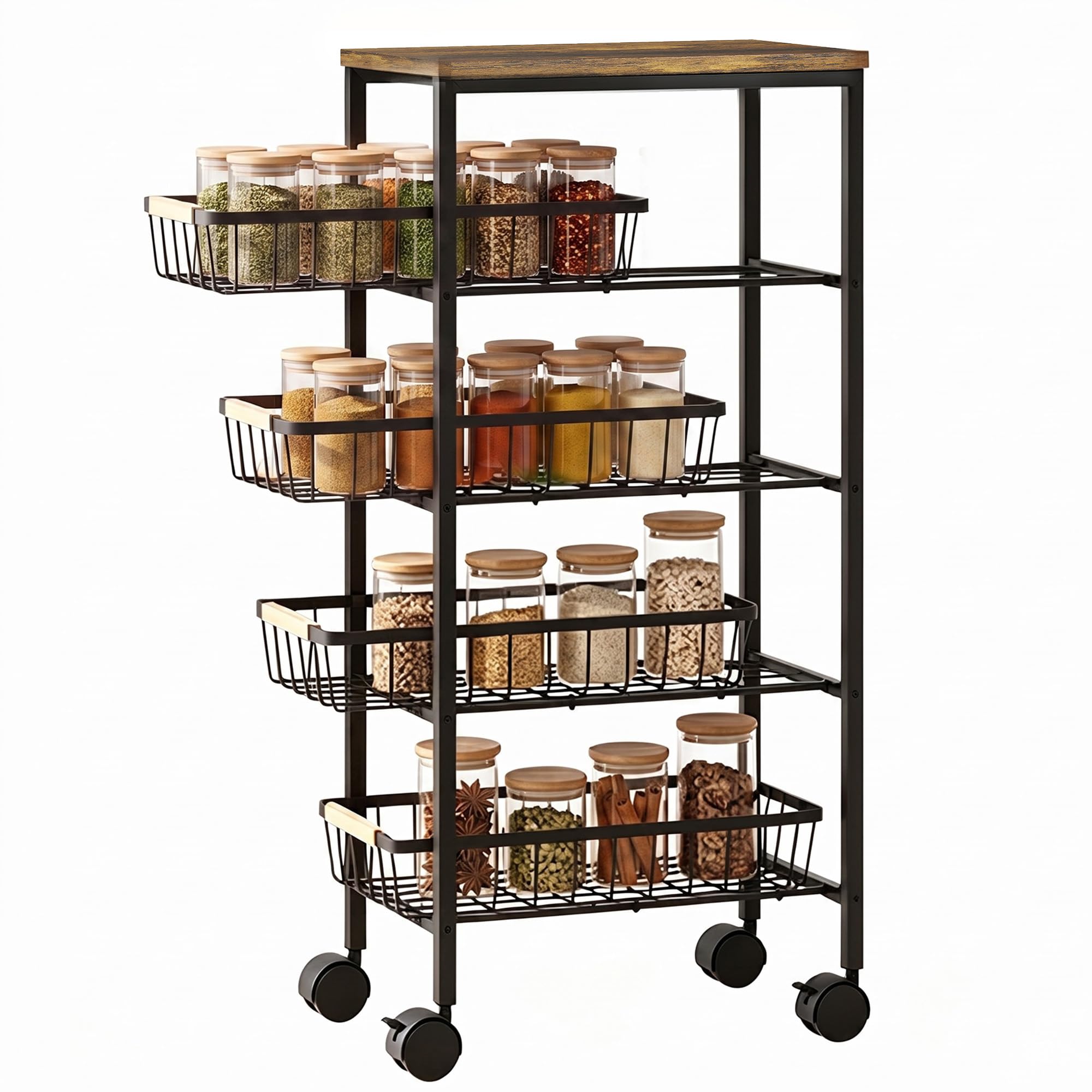 HOMCOM Carrito Auxiliar con Ruedas 4 Cestas Extraíbles 15 kg Marrón Rústico | Carrito de Cocina, Marco Metálico, Tiradores de Madera, para Comedor, Sala de Estar, Baño, 40x24x81,5 cm