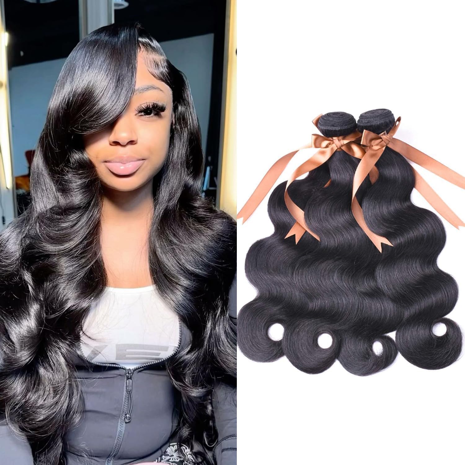 ALLRUN Brazilian Body Wave Human Hair Bundles 4 Bundles Body Wave (20 22 24 26)100% Unprocessed Virgin Human Hair Extensions Double Weft Natural Black