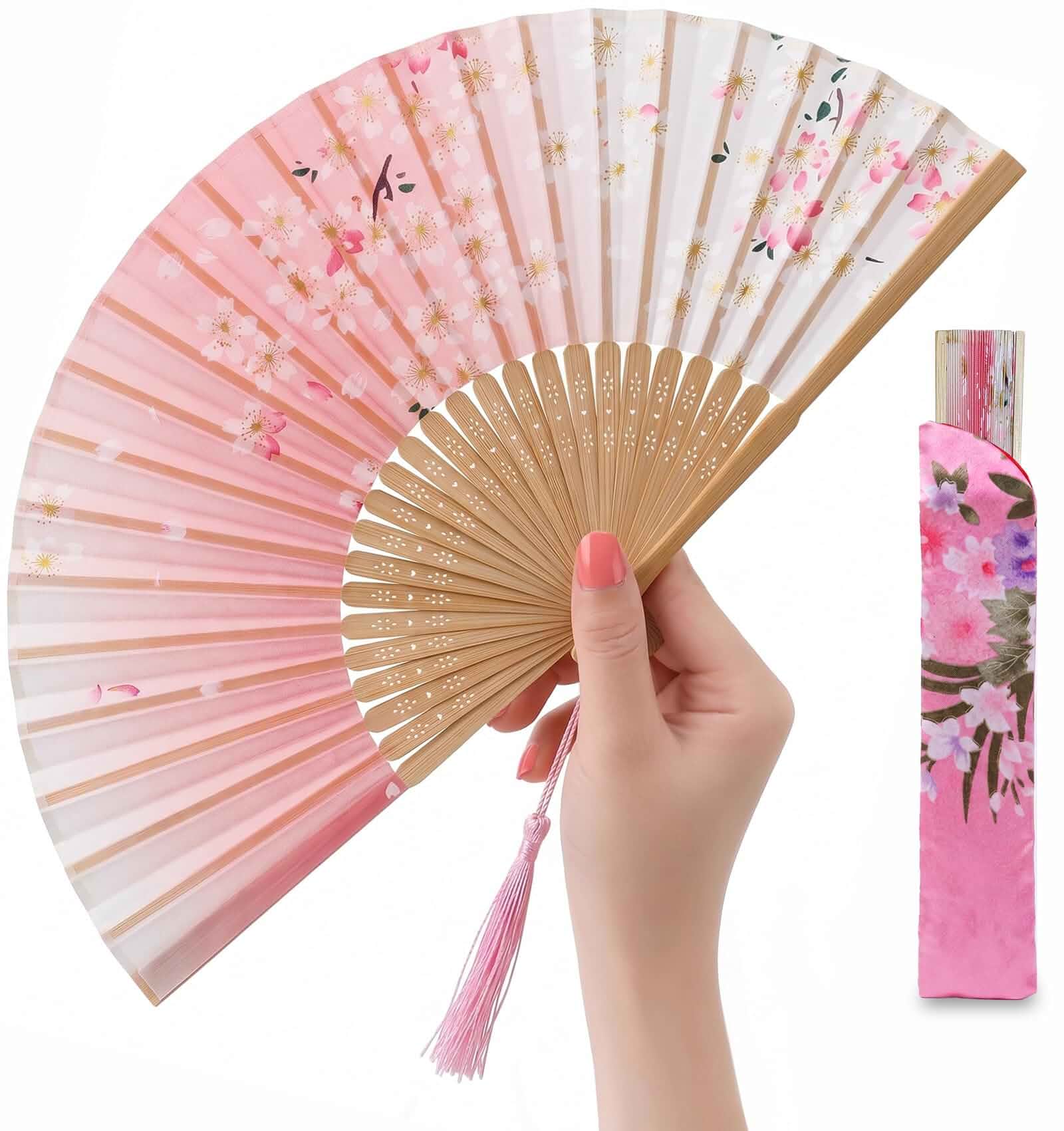 Japanese Folding Hand Fan for Women - Bamboo Silk Handheld Foldable Fan with Tassel & Pouch for Hot Flashes, Rave, Church, Gift,Wedding - Whisper-Quiet, Purse Size (Pink)