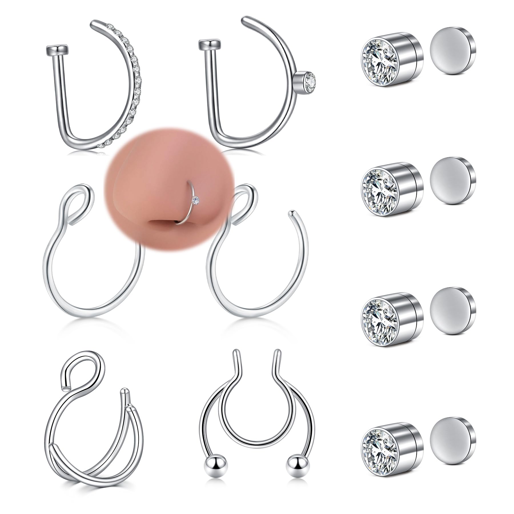 QSKISS 10er Set Faux Piercing - Silber, 18G, Magnet, Edelstahl, Modern & Klassisch, 1g, Piercing Schmuck für Damen & Herren