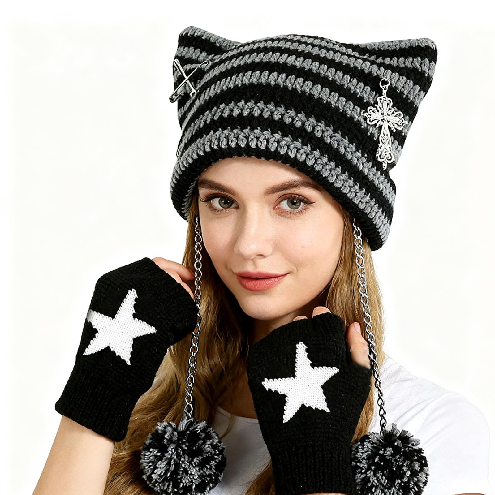 1Pcs Cat Beanie + 1Pcs Star Printed Fingerless Gloves, Cat Hat for Womens Clothing Accessories Accessories for Y2K - Image 3