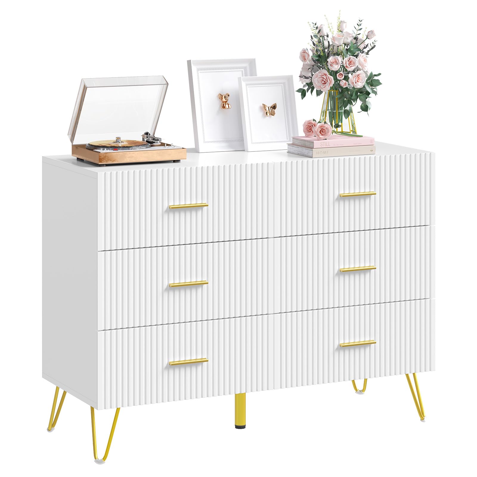 WOLTU Cómoda Blanca de 6 Cajones | Con Patas Doradas, para Dormitorio y Salón, 100x40x75 cm