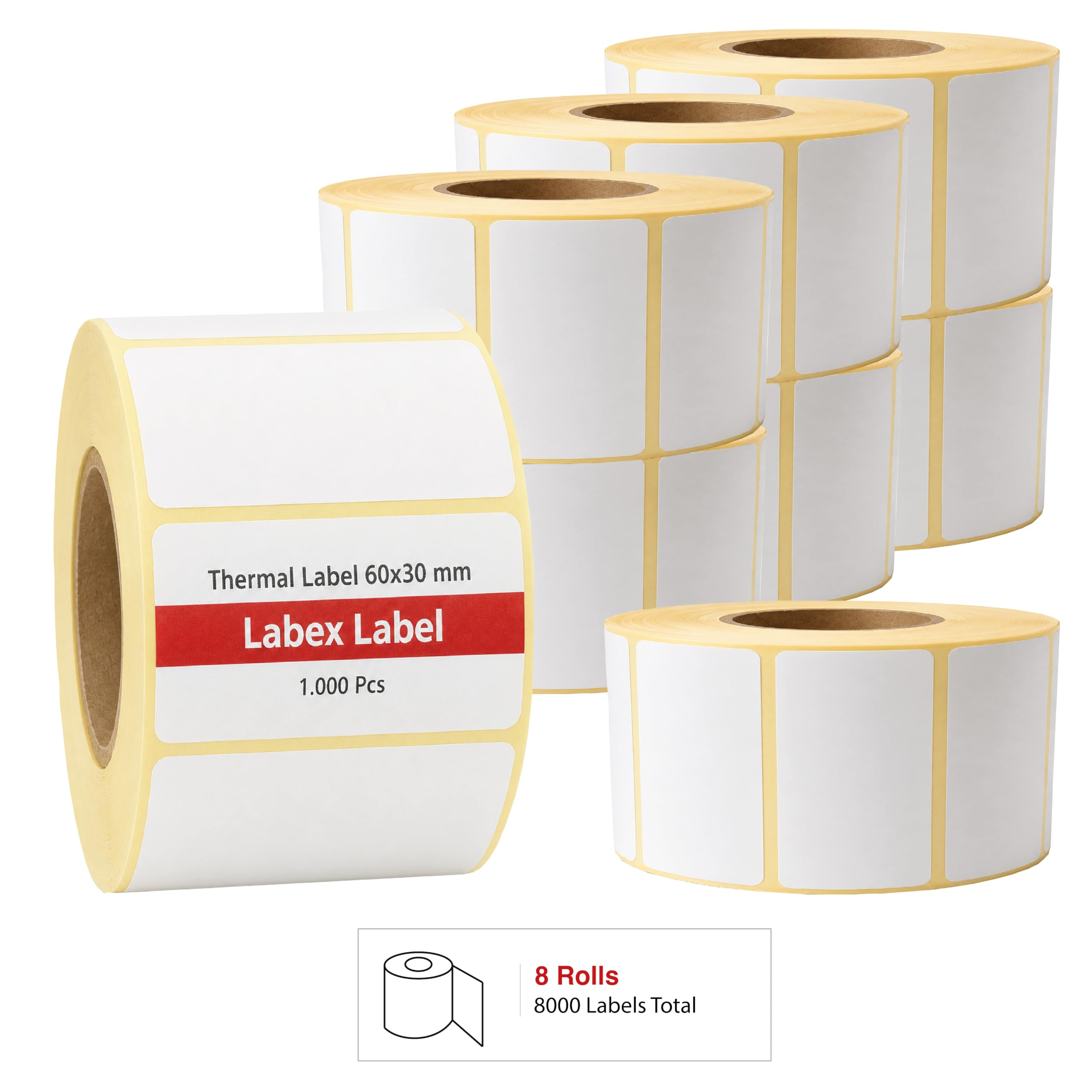 Etiquetas térmicas 60x30 mm en rollo – Etiquetas Almacén Alta Capacidad – 8 rollos – Sin cinta – TSC Godex compatible – Labex Label