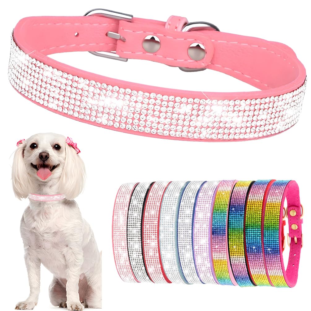 Small Dog Collars For Female Dogs Girls Cute Bling Rhinestone Puppy Collars Pretty Fancy Crystal Diamond Sparkling Glitter Cat Collars for Kitten XXS XS Small Medium Breed Pets Pink M