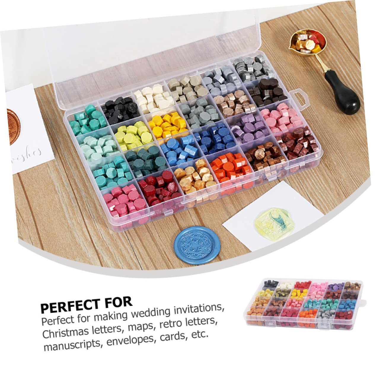 Anneome 1 Schachtel Farben Wachssiegelperlen Set mit Schmelzlöffel Versiegelungswachs für DIY Karten Umschläge und Hochzeitseinladungen Praktischer Aufbewahrungsbox