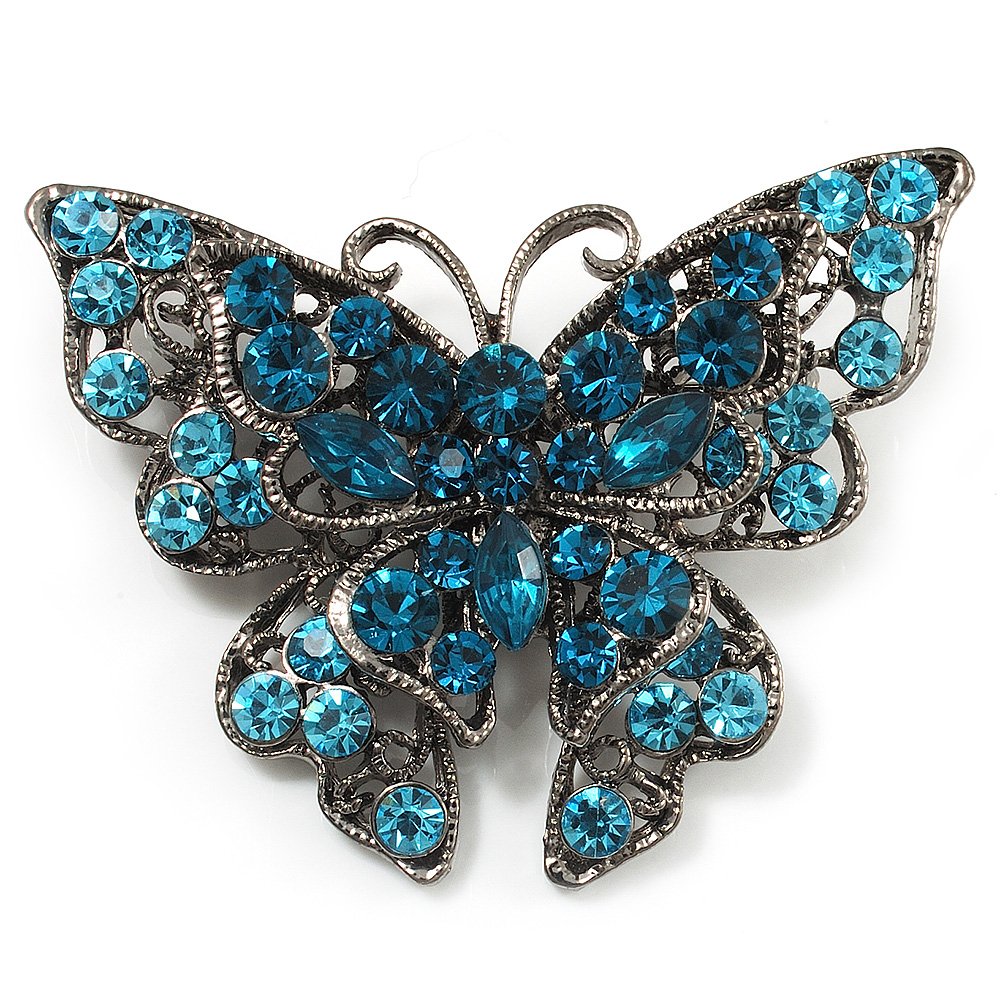 Avalaya Spilla a farfalla con strass blu navy (argento), Misura