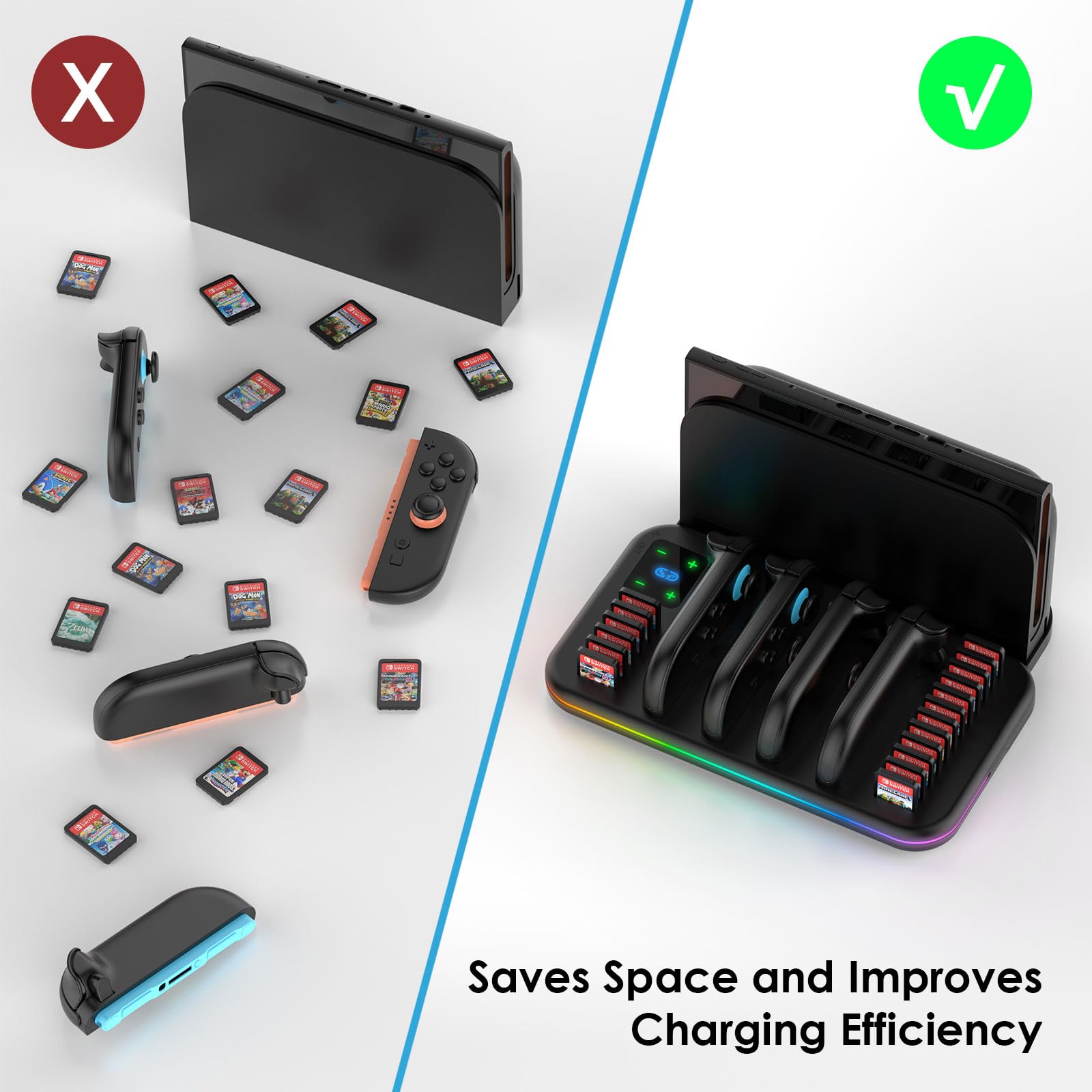 JORREP Supporto per Nintendo Switch 2 con Stazione di Ricarica, Porta Giochi e Dischi, 4 Joy Con in Ricarica, LED di Stato
