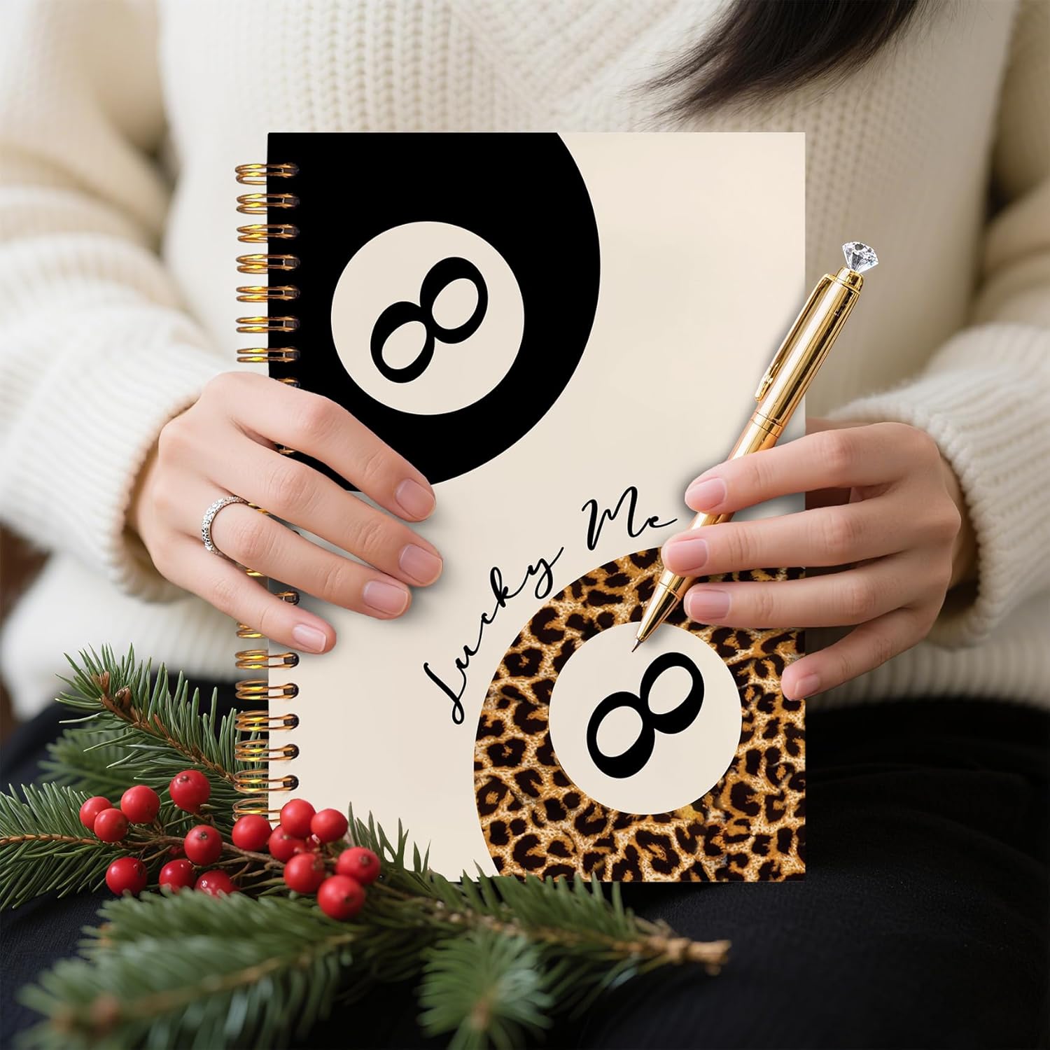 Trendy Leopard and Black Lucky 8 Ball Notebook, Funky Leopard Print Journaling Notebook, Vintage Modern Billiards Journal, Aesthetic Cheetah Print Balls Spiral Notebooks 5.5x8.3 Inch - Image 3