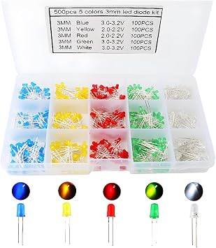 CESFONJER 500 x Pcs 3mm Light Emitting Diode, Diffused 2pin Round Color White/Red/Yellow/Green/Blue Kit Box 5 colors x 100pcs