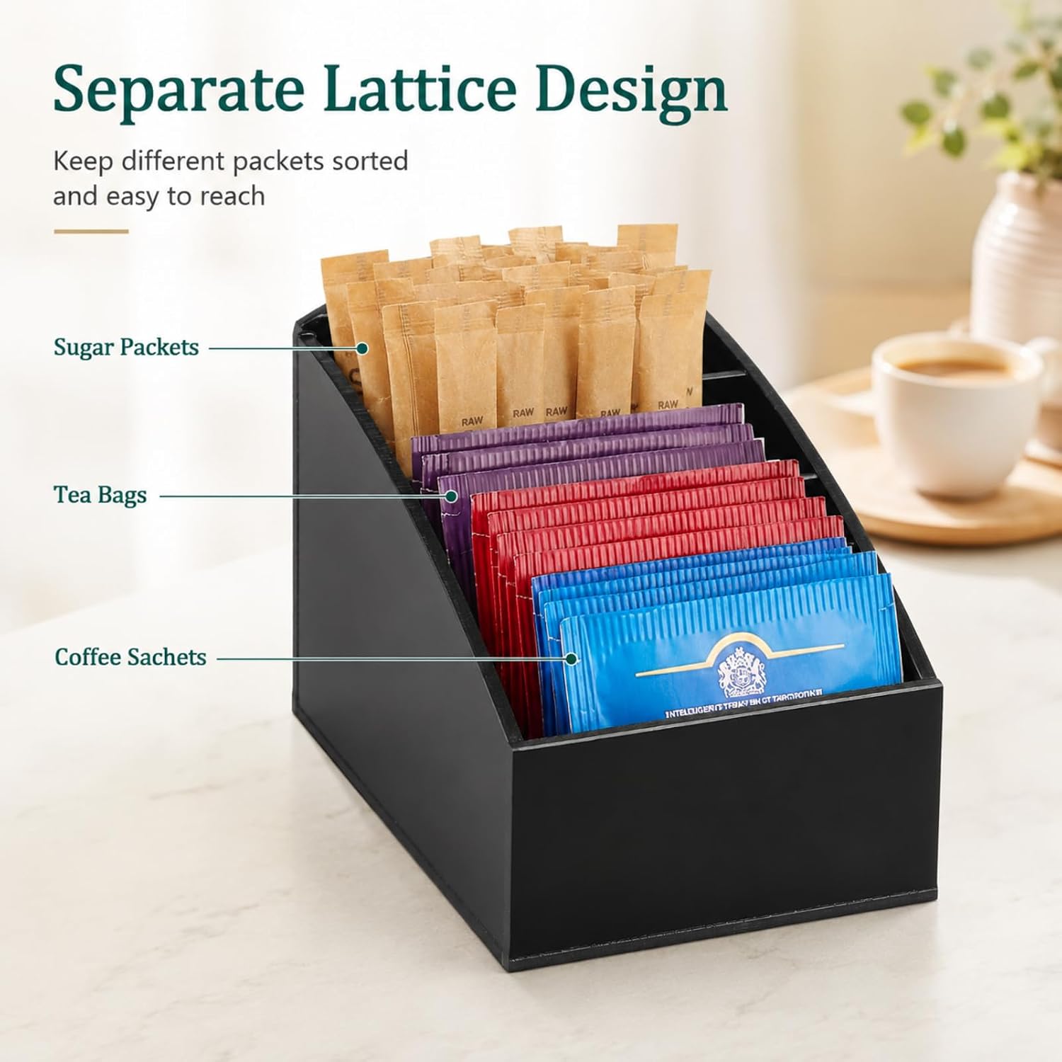 Zerodeko Sugar Packet Holder, Black Acrylic Tea Bag Organizer for Coffee Bar, 3-Compartment Countertop Packet Caddy for Sweetener, Drink Mix, Small Snacks, Kitchen Office Hotel Restaurant