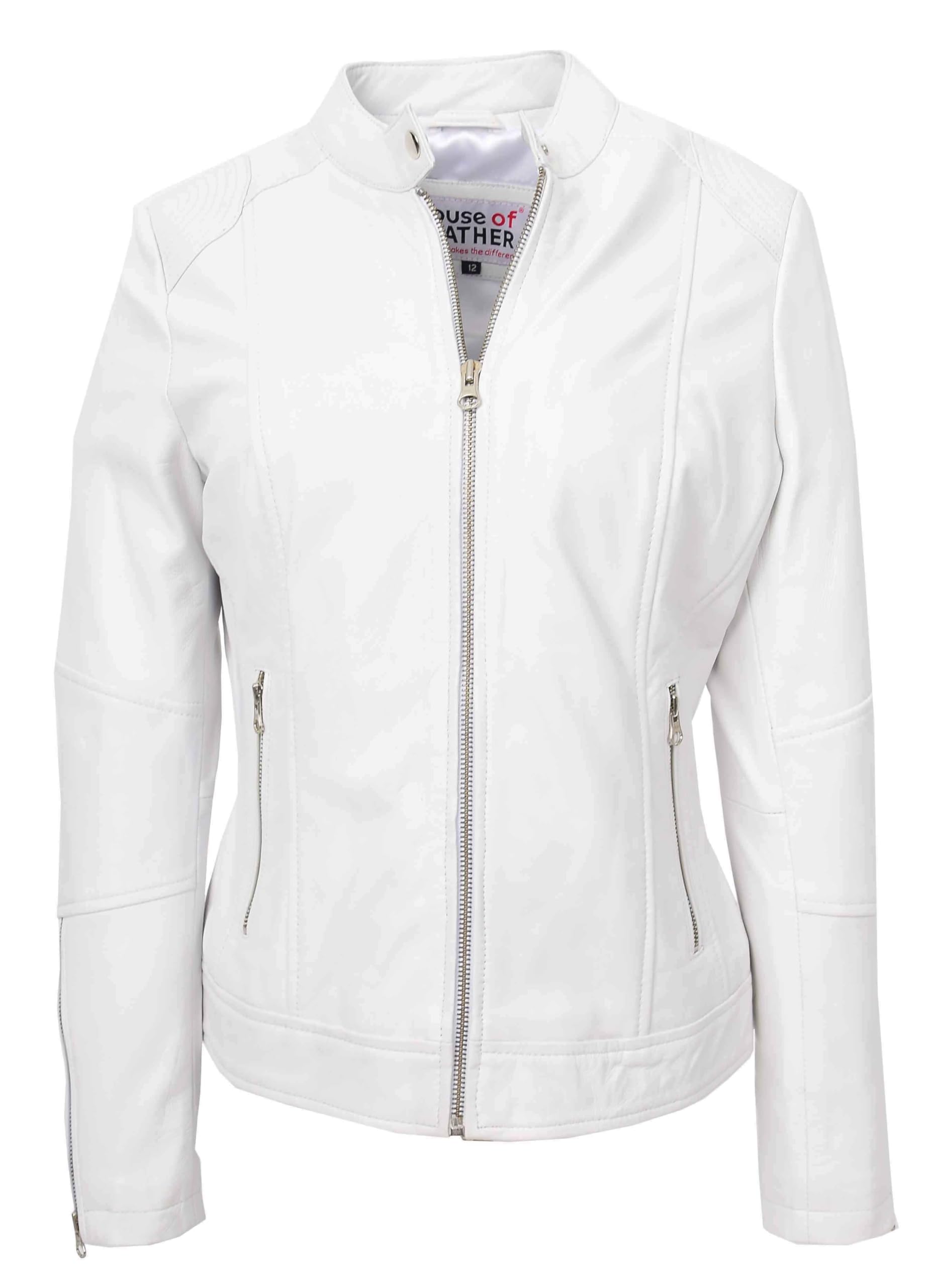 Womens Real Leather Biker Jacket Zip up Casual Connie White 20