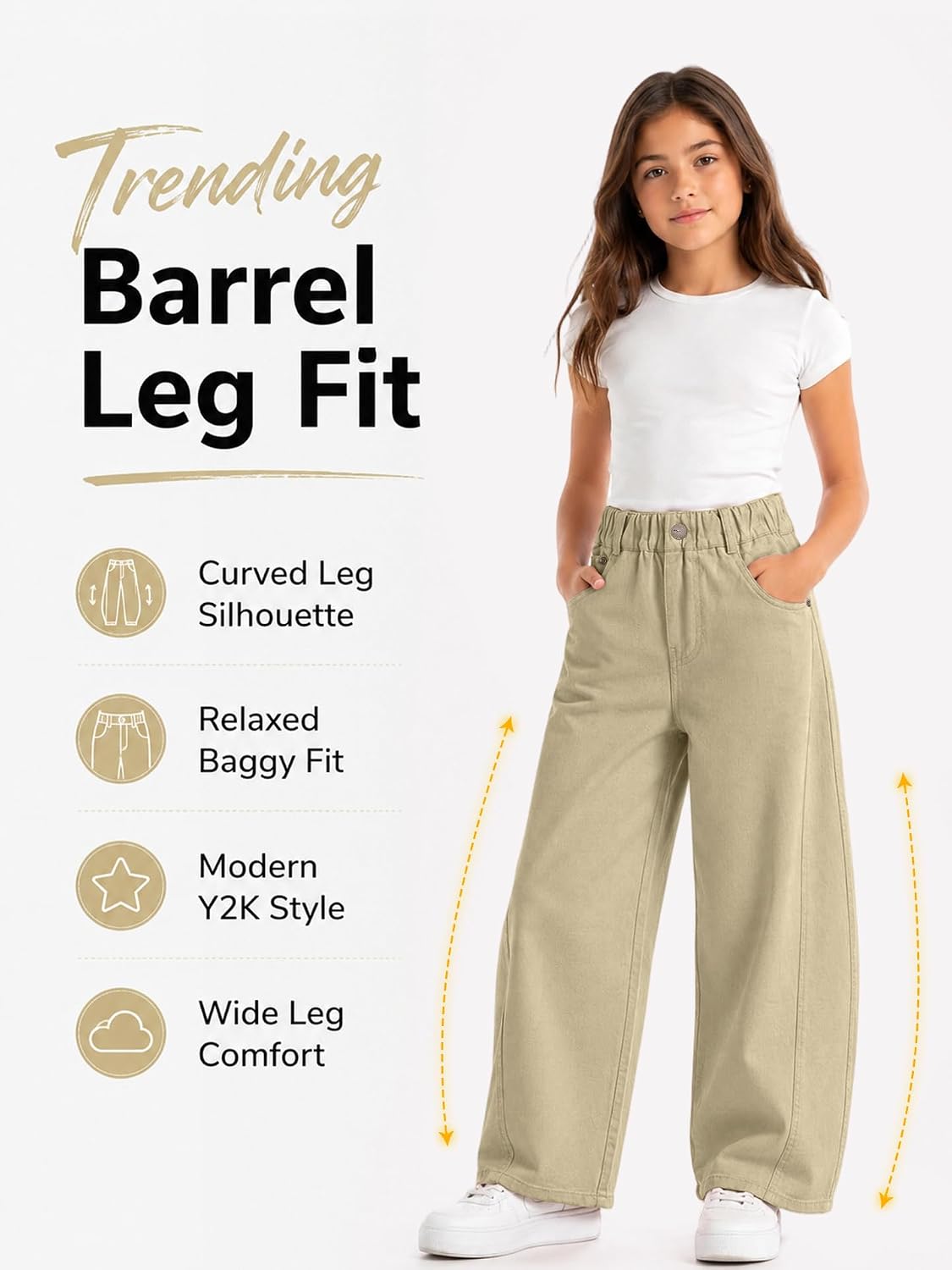 Rolanko Girls Barrel Pants Wide Leg Trousers Cotton Twill High Waisted Y2K Loose Fit Casual Pants for Tween Teen Girls image 3