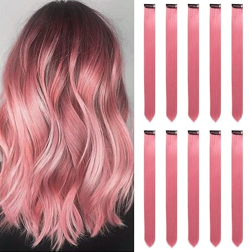 MEckily Extensiones de cabello rosa de 22 pulgadas con clip para niñas, extensiones de cabello colorido para niñas, accesorios rosados, extensiones