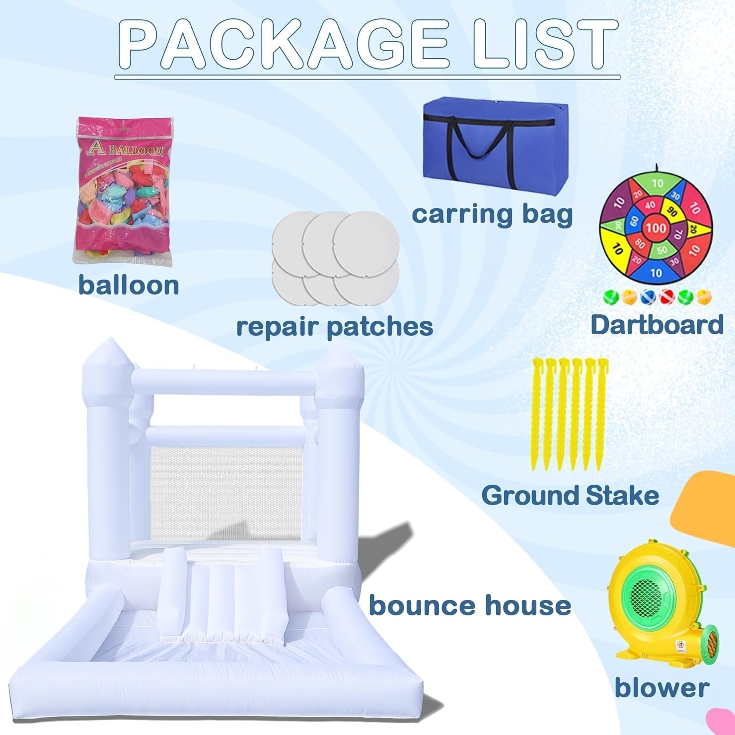 Inflatable White Bounce House Castle - Durable Oxford Material Jumping Bouncer with Blower, Perfect for Kids Birthday Party Indoor & Outdoor(12' L X 7.2' W X 7.2' H)