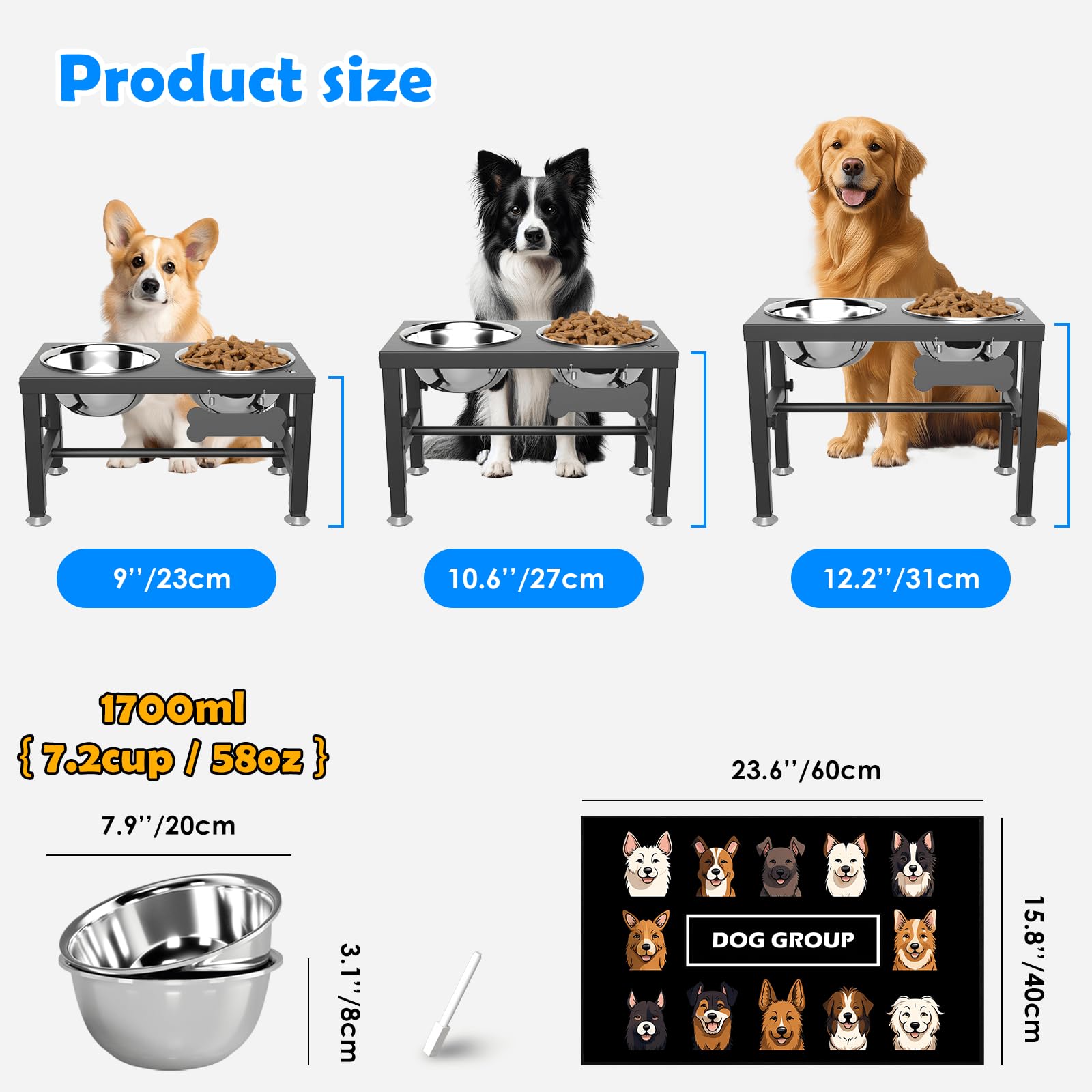 SHAINFUN Elevate Ciotole per cani con tappetino, supporto rialzato per ciotola per cani con 2 ciotole in acciaio inox da 1,644 g, supporto per cibo e acqua per cani alti