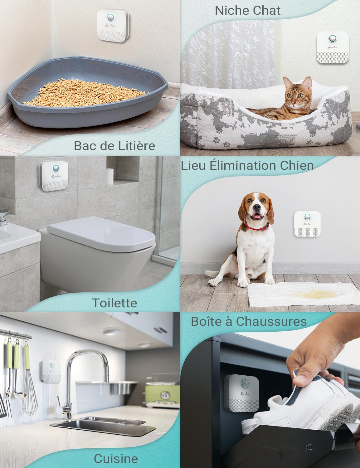 DownyPaws Éliminateur d'Odeurs pour Litière Chat, Désodorisant Tous Types de Bac avec Batterie Rechargeable 14 Jours