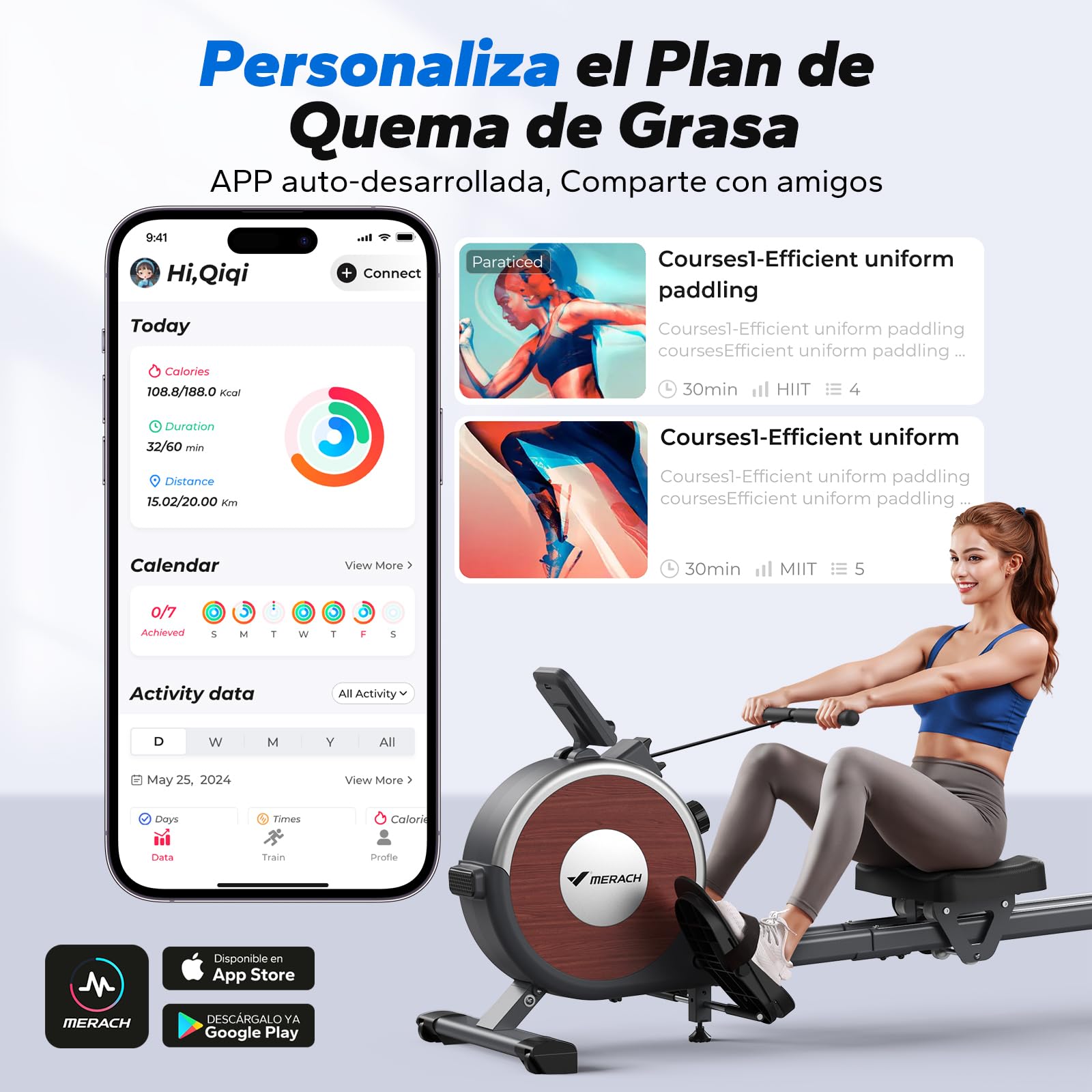 MERACH Máquina de Remo para Casa, 16 Niveles de Resistencia, Remo Magnético Silencioso con App Exclusiva, Rieles Dobles Mejorados para Mayor Estabilidad(Gris)