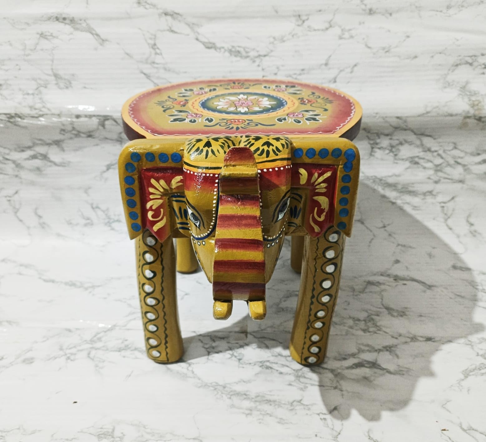 Handpainted Elephant Stool 6 Inches | Wooden Stool, Floral Top Design, Traditional Art, Home Decor, Multicolour Finish-image-34
