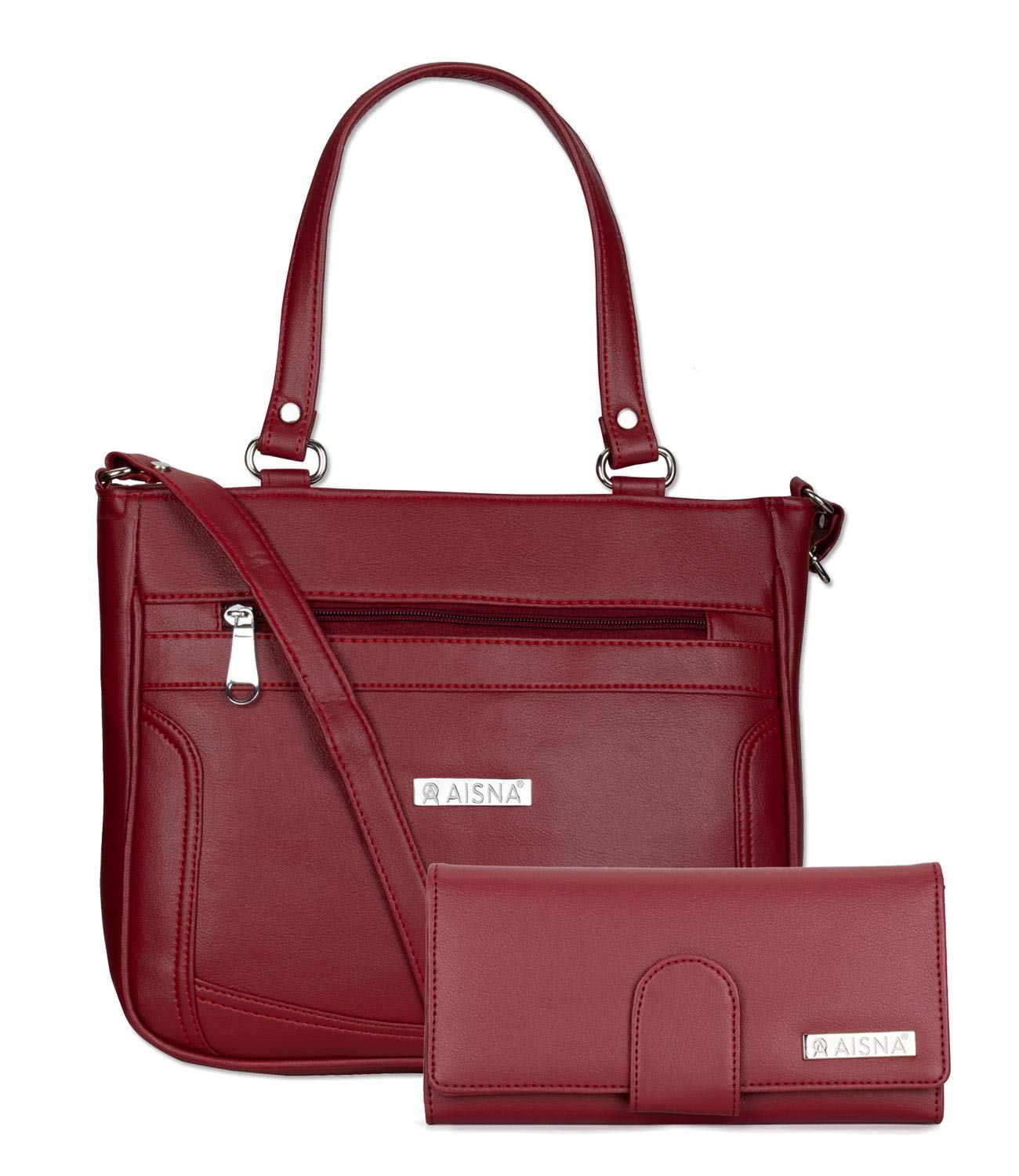 Aisna Women's Polyurethane Handbag and Clutch (Set of 2, Maroon)