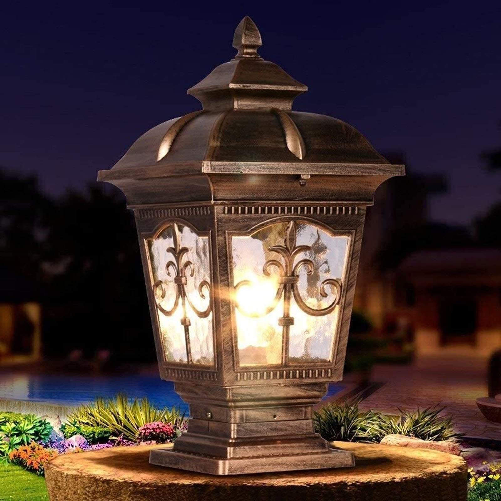 HGTYU European Style Stigma Lamp Outdoor Courtyard Column Light Waterproof Glass Lampshade Square Garden Lights Vintage Rustic Door Pillar Lamps Lawn Aisle Porch