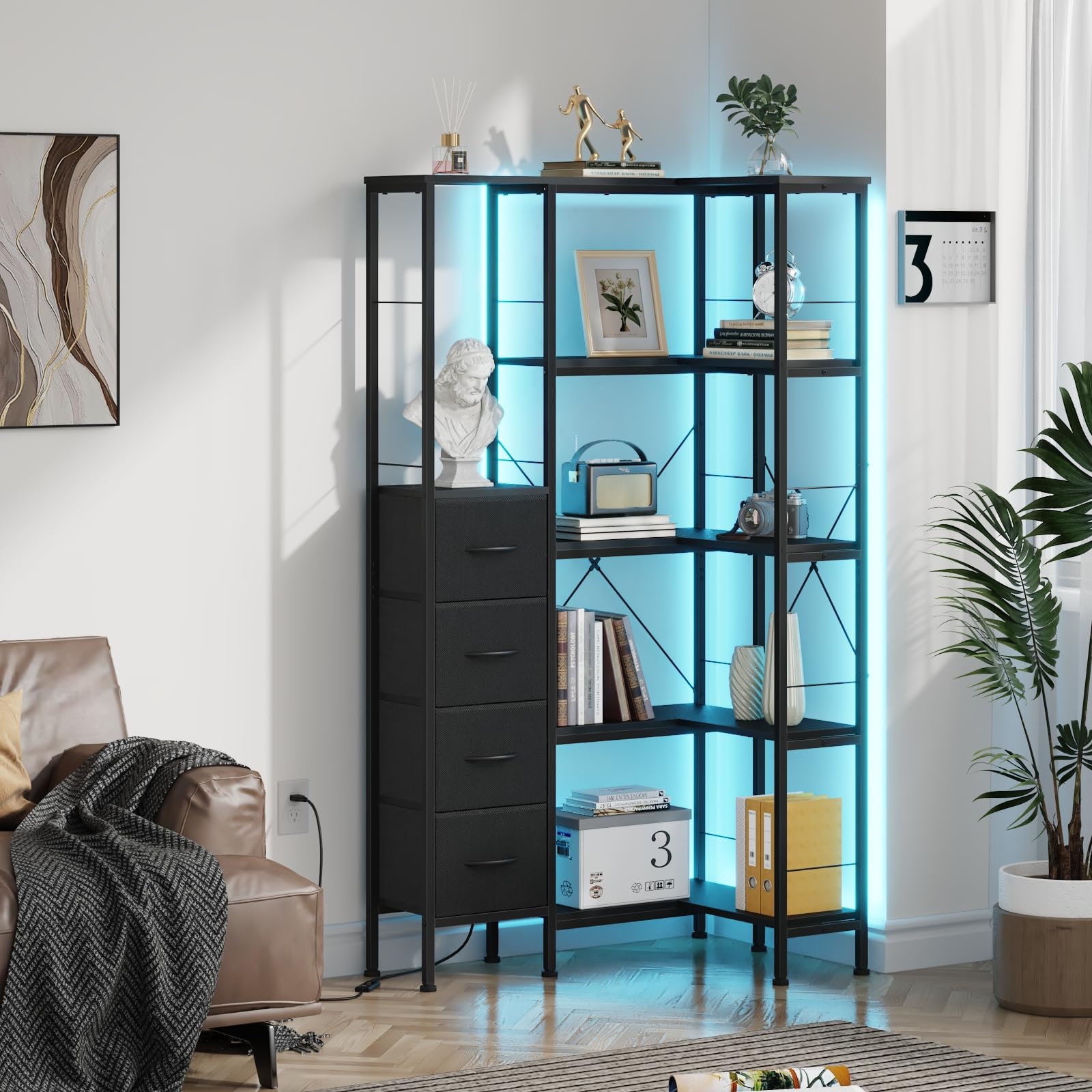Estanteria Esquina con Iluminación LED, Estanterias Almacenaje de 5 Niveles con 4 Cajones de Tela, Estanteria Libros, Estanteria para Sala de Estar, Dormitorio, Oficina, Negro