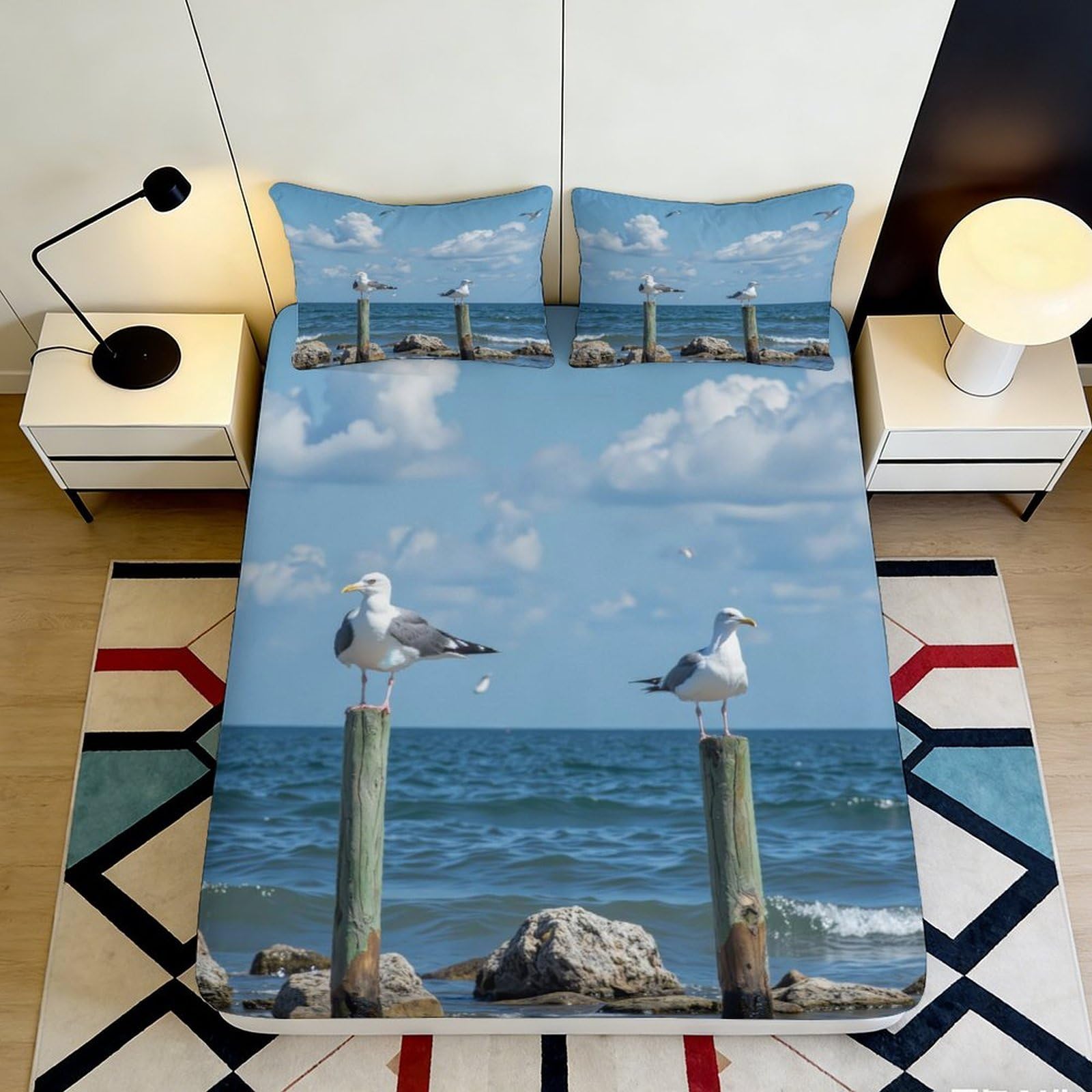 3D Printed Seaside Ocean Fitted Sheet Microfiber Soft Breathable Seagull Mattress Cover for Bedroom Decor 90x200x25cm